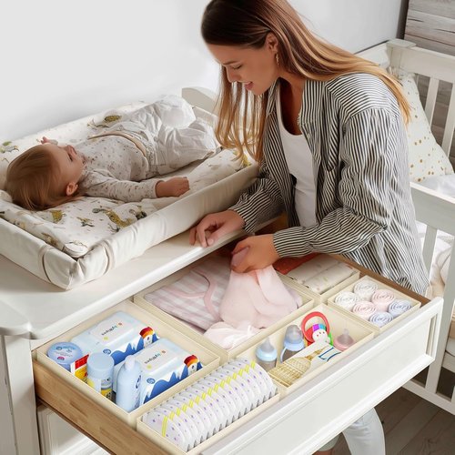 DIMJ Drawer Organizer - 12 Pack Foldable Fabric Storage Bins for Clothes & Baby Items | Beige