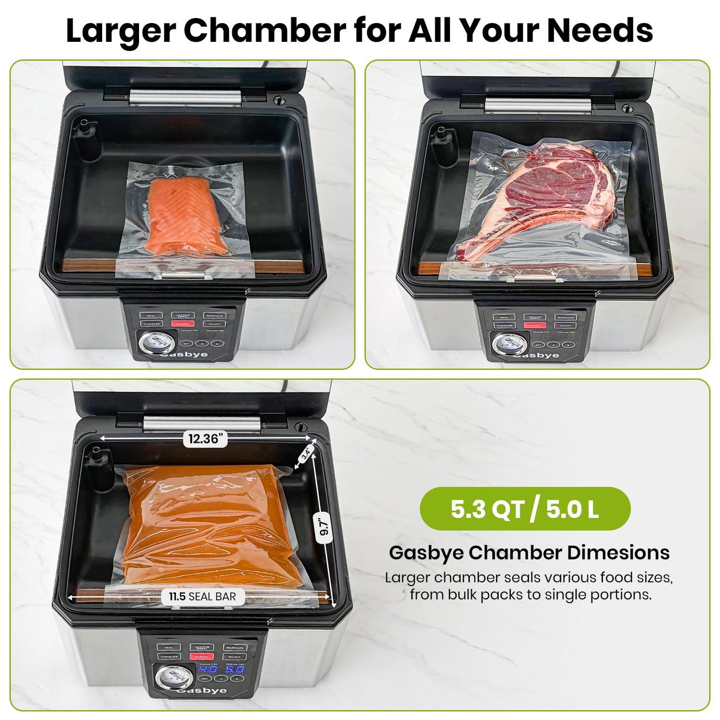 Gasbye Chamber Vacuum Sealer – 5.3QT Large Chamber, Replaceable 11.5" Sealing Bar with Double Seal, Perfect for Meats, Soups, Sauces & Liquids, Includes 30 Pre-Cut Vacuum Bags, Stainless Steel
