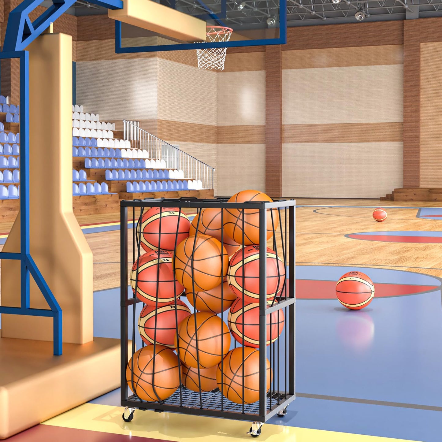 Ball Sports Organizer Storage Cart, Garage Metal Rolling Bin with Thicker Elastic Rope, Ball Holder Rack with Wheels for Volleyball, Basketball, Football, Toys, Gym, Outdoor & Indoor Equipment Storage