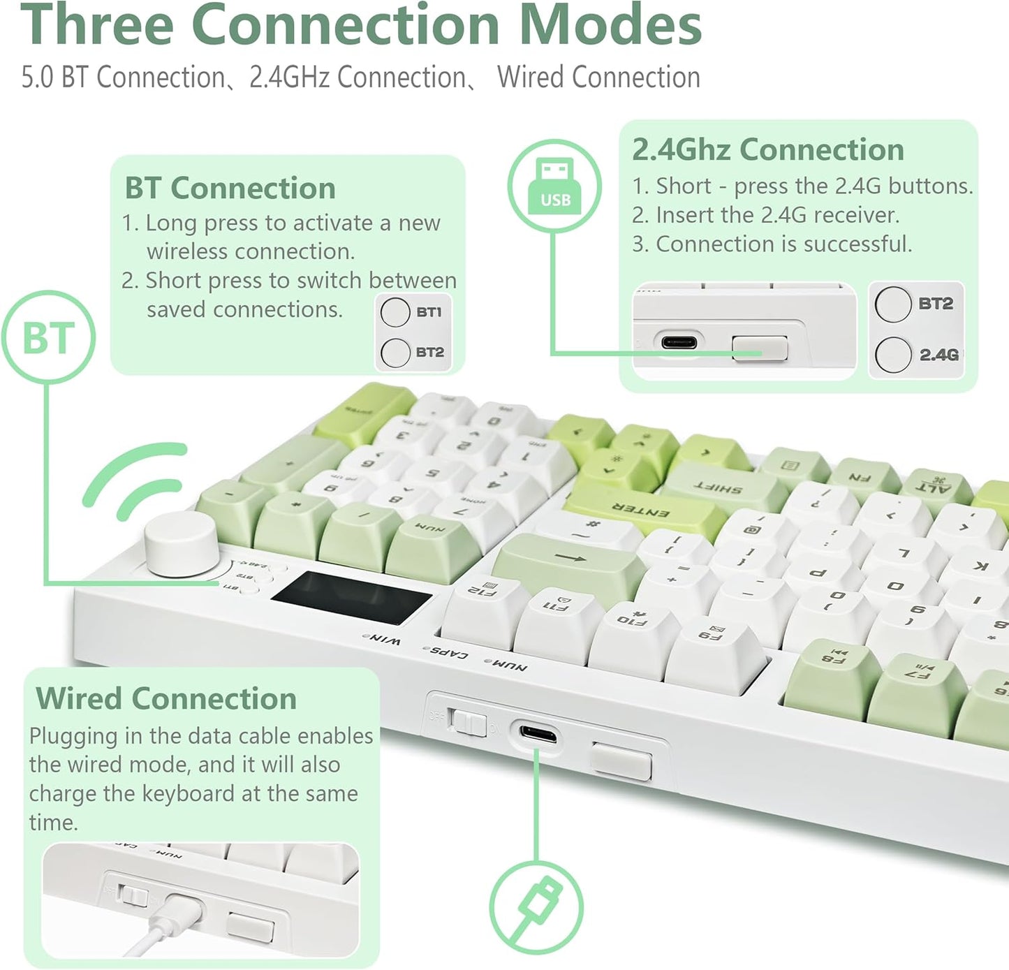 Bangsanth BT5.0/2.4GHz/USB-C, 94-Key, Wireless Keyboard, Quiet Keyboard for Work, Tri-Mode Creamy Keys with RGB