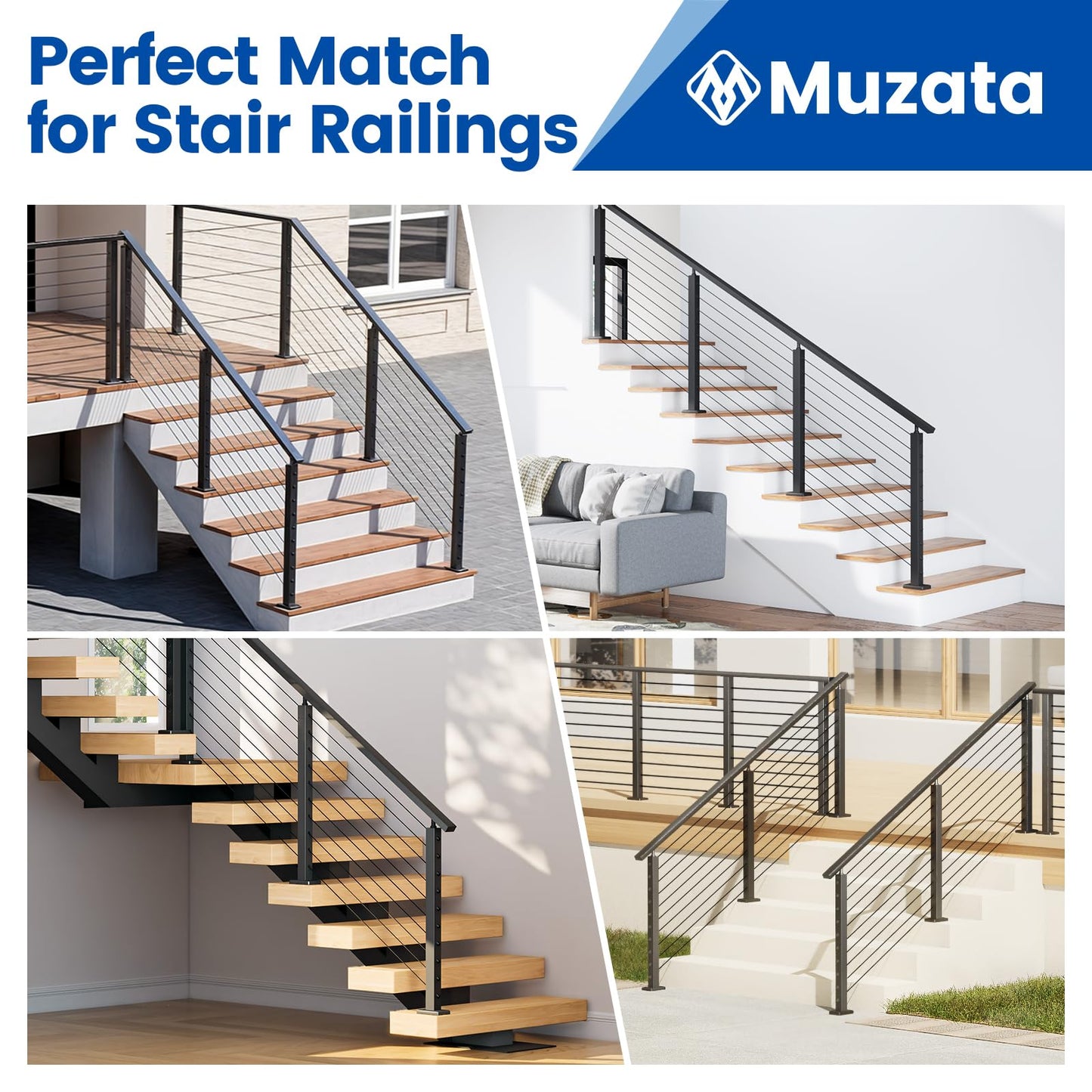 Muzata Black Stair Cable Railing Post 36 Inch for 25-35 Degrees Stair 36"x2"x2" Surface Mount T304 Stainless Steel Cable Railing System Kit Indoor Outdoor with Paper User Guide PS01 BA4S