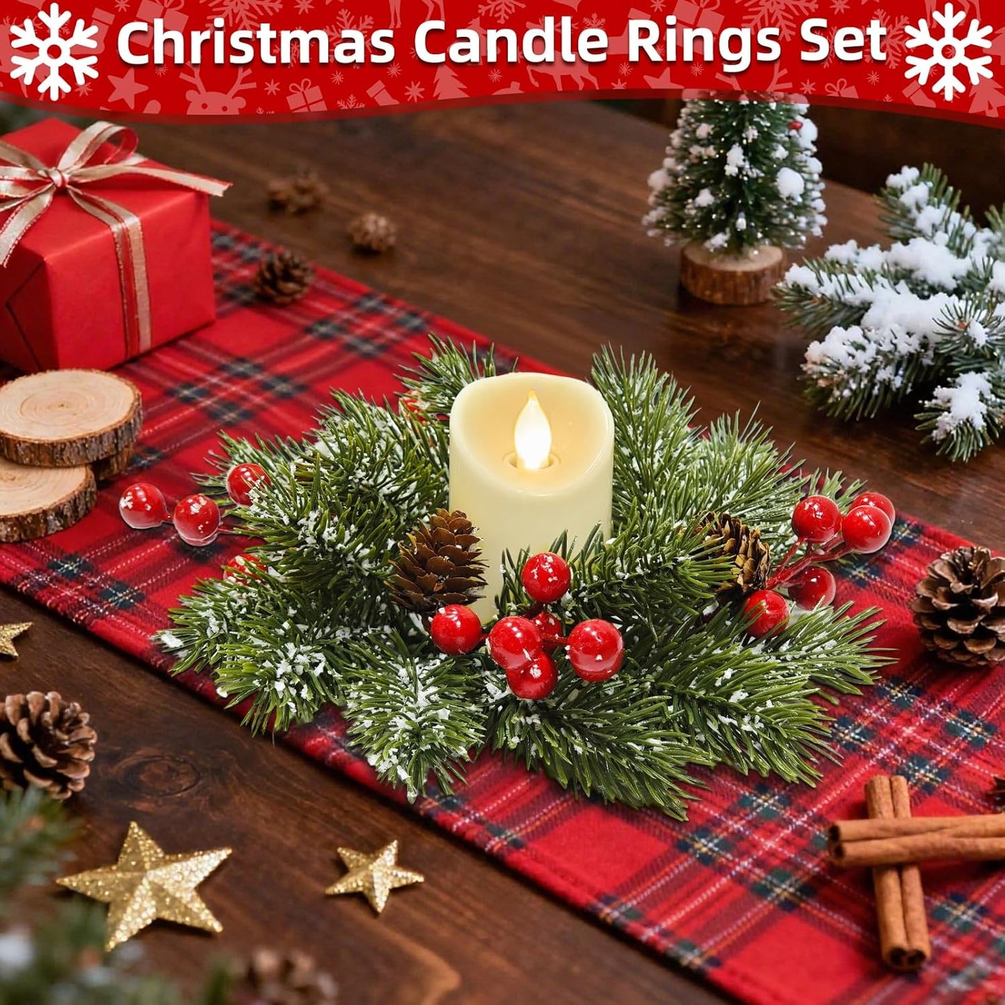 Skiennix Christmas Candle Rings - 4 Pcs Flocked Pine & Red Berry Wreaths for Festive Home Decor