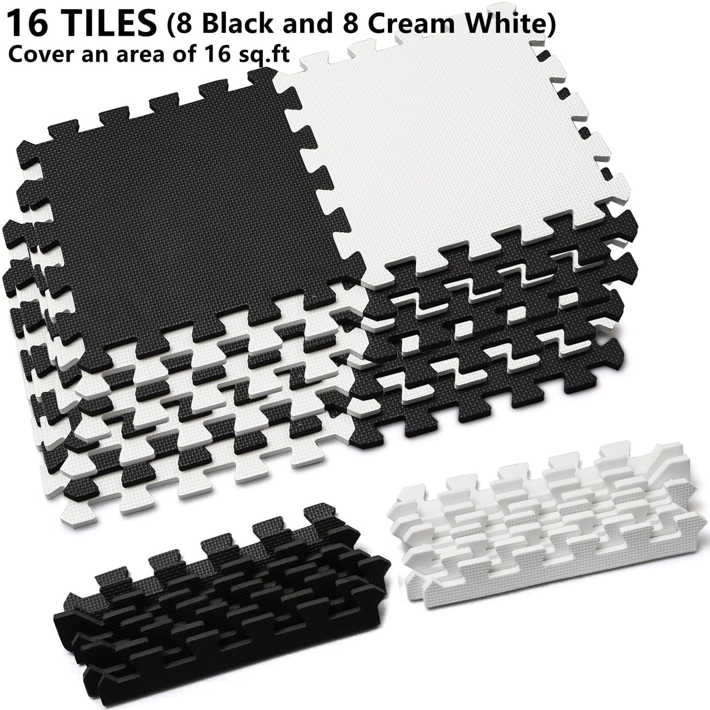 DEAYOU 16 Tiles Interlocking Foam Mat Floor Tiles, 12" x 12" EVA Foam Puzzle Mat with Borders, 0.4" Thick Soft Protective Exercise Padding Mats for Fitness, Play, Gym, Black and Cream White