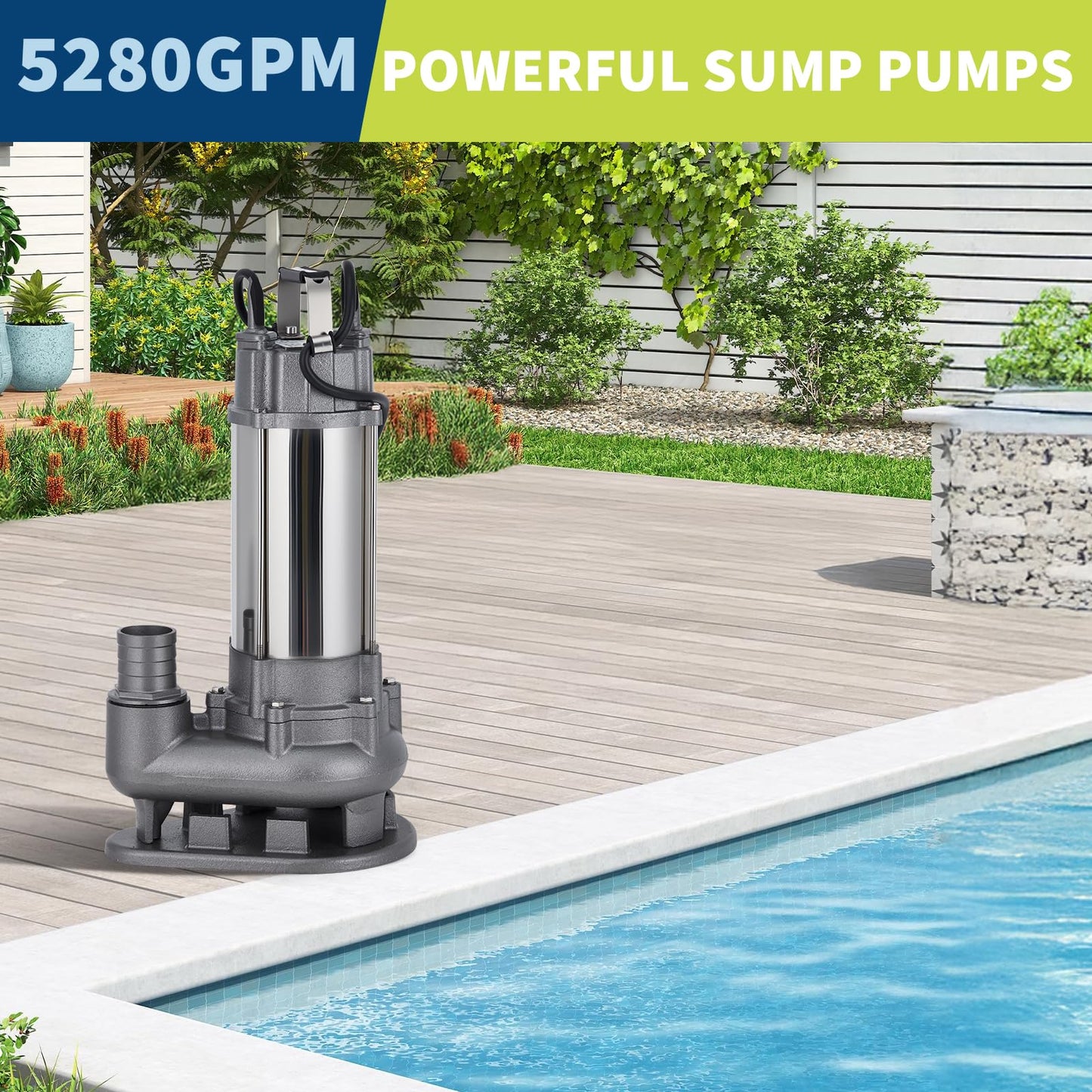 1 HP 5280 GPH Submersible Sewage Pump, Heavy Duty Cast Iron Effluent Pump with Automatic Tethered Float Switch, Sump Pump for Sump Basin, Basement, Residential