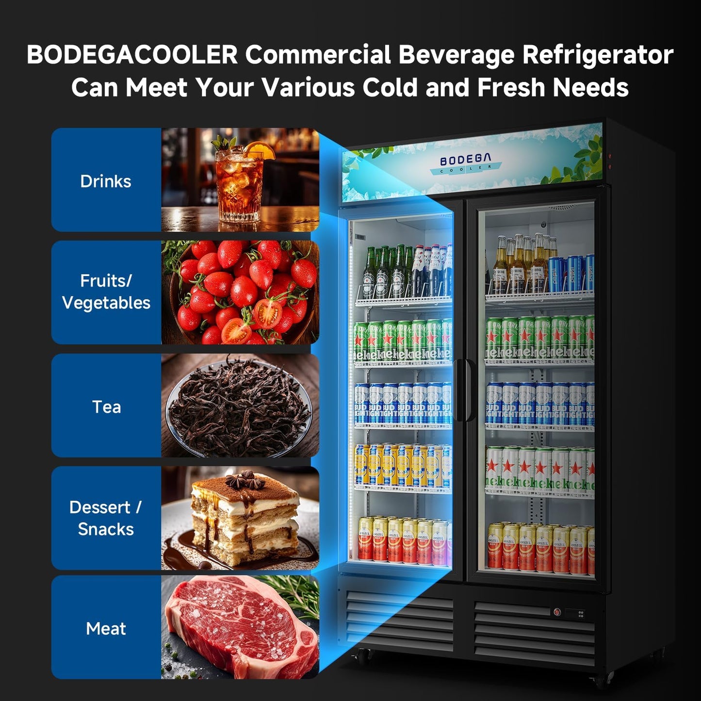 BODEGA BODEGACOOLER 35.4 Cu. Ft Commercial Beverage Refrigerator, 2 Glass Door Merchandiser Cooler Display Refrigerator with LED Lighting, Adjustable Shelves, Temperature Control and Casters, Black