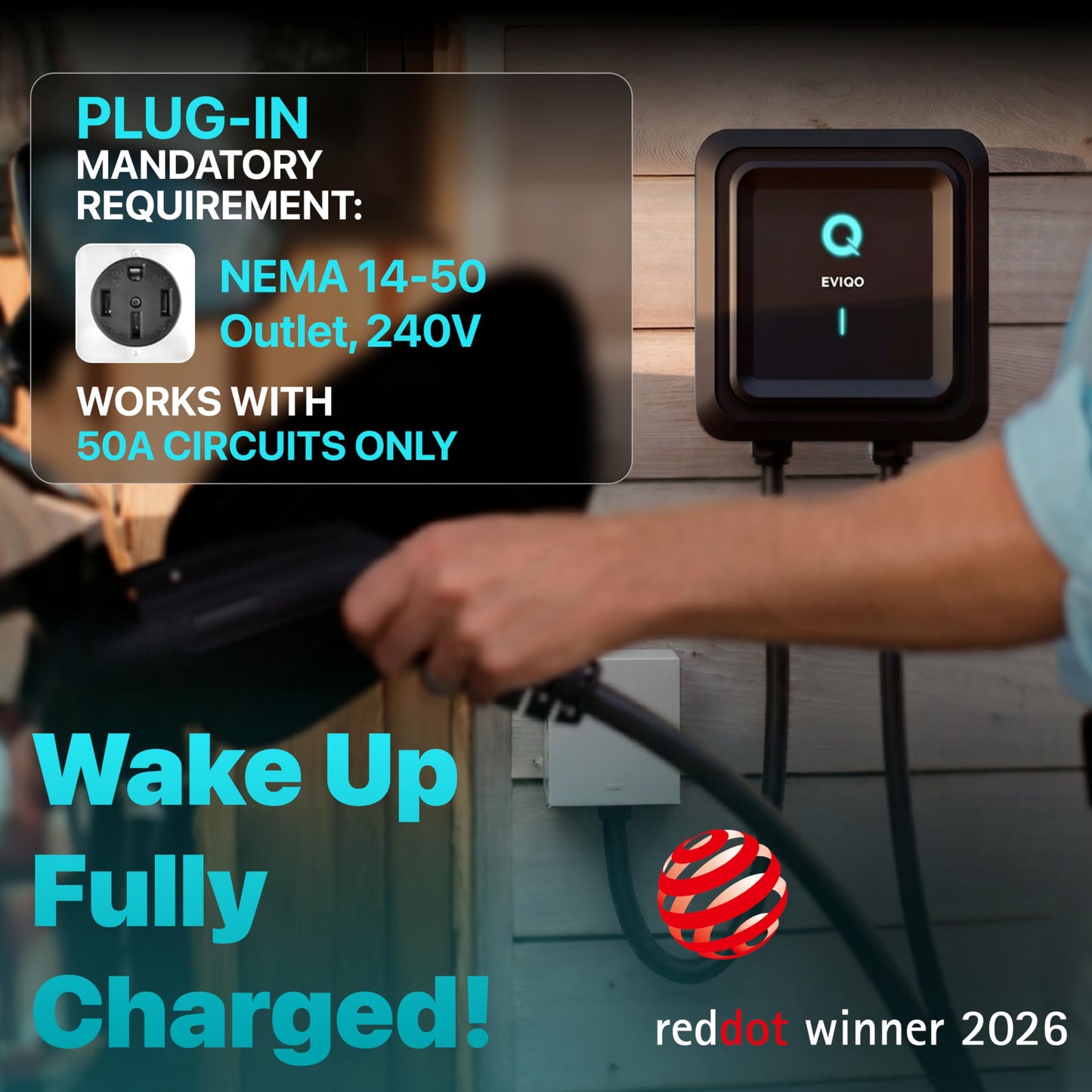 EVIQO Level 2 EV Charger, 40 Amp 240V, J1772 for Non-Tesla EVs, 25ft Cable, WiFi (2.4GHz) Smart App, Weatherproof Indoor/Outdoor (IP66, NEMA 4), UL & ETL Certified, NEMA 14-50 Plug-in, 9.6kW