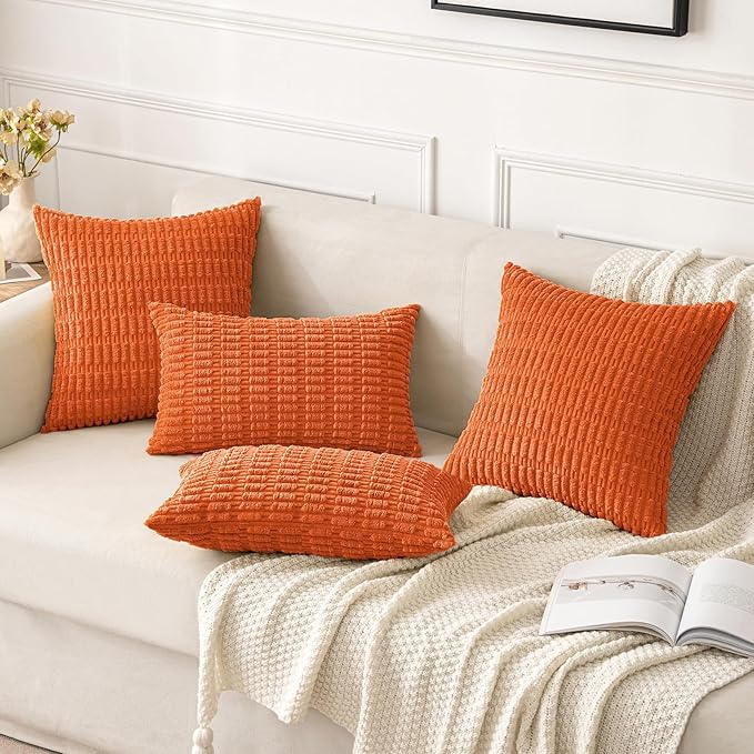 MIULEE Pack of 2 Orange Corduroy Decorative Pillow Covers 16x16 Inch Soft Boho Striped Throw Pillow Covers Modern Farmhouse Home Decor for Halloween Thanksgiving Summer Sofa Living Room Couch Bed
