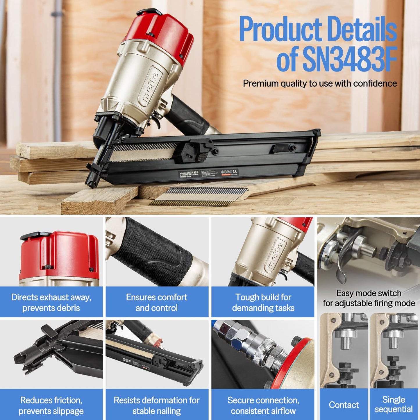 meite SN3483F 30 Degree Framing Nailer Pneumatic Nail Gun, Accepts 30-34 Degree 2" to 3-1/4" Paper Collated Framing Nails, Pro-grade Air-powered Framing Nail Gun Tools for Wall Studs Sheathing Decking