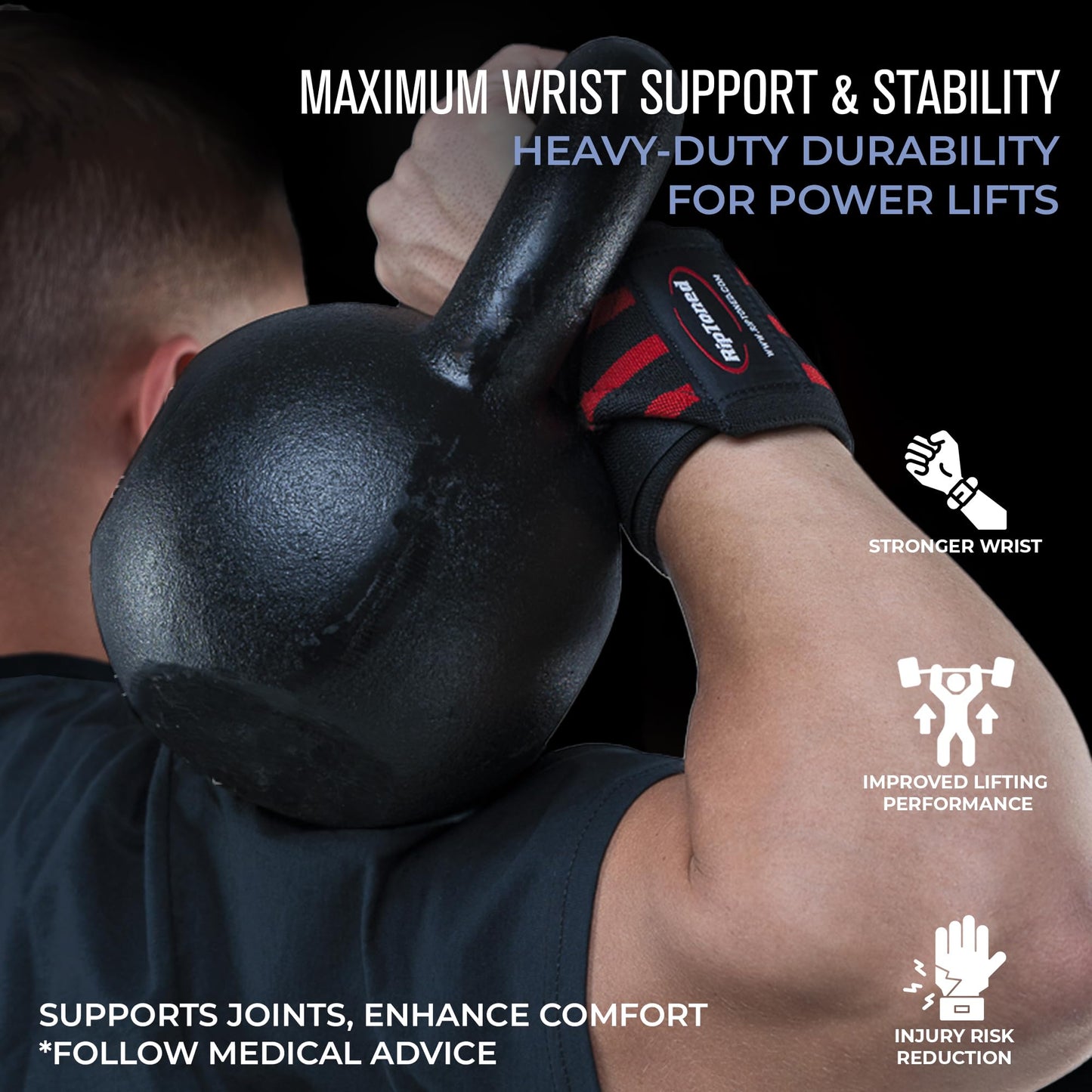 Rip Toned Wrist Wraps for Weightlifting – USPA & USAPL Approved 18" Wrist Straps for Powerlifting – Adjustable, Durable Gym Wraps with Thumb Loop – Quality Support for Men & Women – Black Stiff