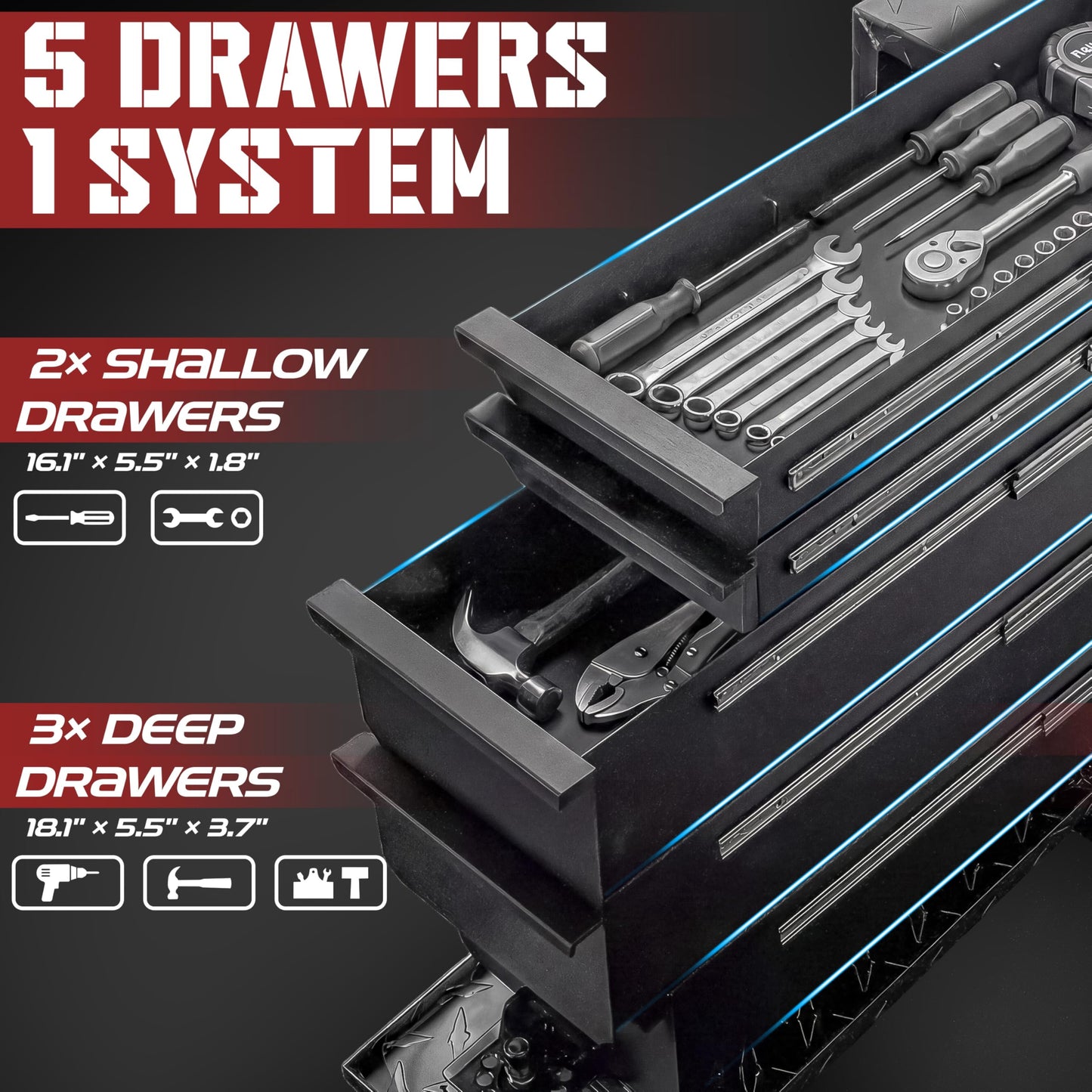 OLY-PRO Truck Bed Tool Box with 5-Drawer Slides | Lockable Heavy-Duty Tool Chest Storage for Pickup, Jobsite & Side Trucks | 8-Inch Toolbox with Key (Black Aluminum - T Handle)