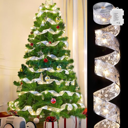 Minetom Christmas Tree Ribbon String Lights - 33ft 100 LED Battery-Powered Fairy Lights with Timer