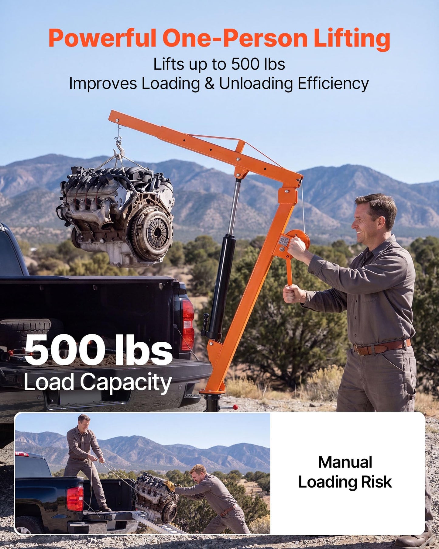 VEVOR Truck Crane, 500 lbs Pickup Hitch Crane Trailer Hitch Mounted with Manual Winch & Hydraulic Jack, 360° Rotating Telescopic Boom, Foldable Truck Bed Jib Hoist for Machine Lumber Equipment Lifting