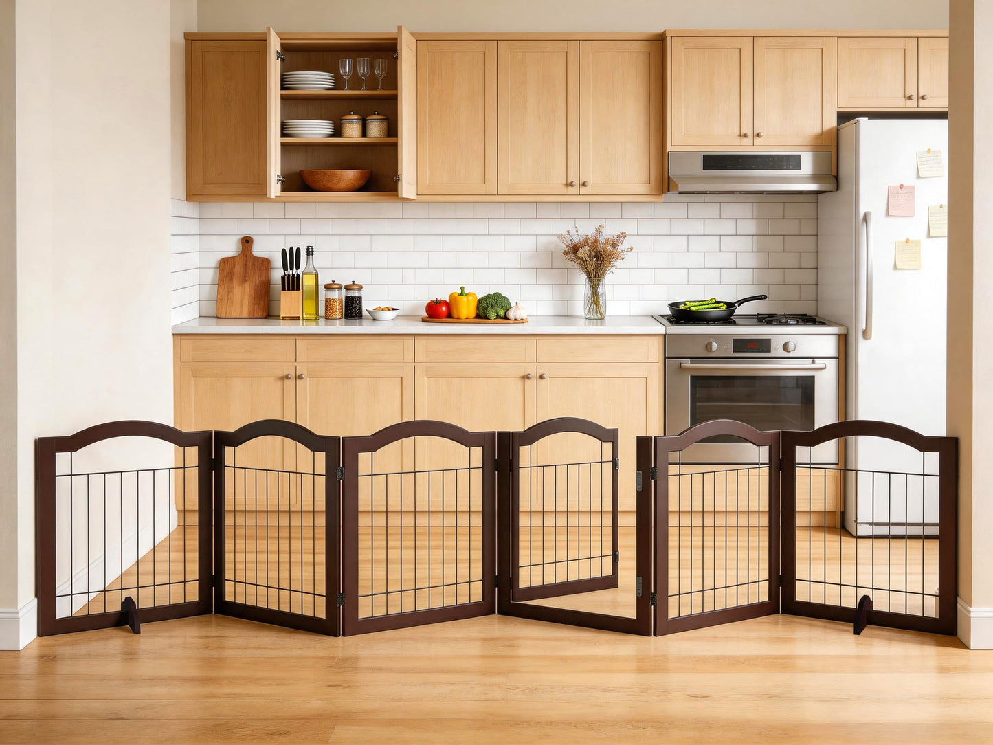Vantas Espresso Wooden Folding Dog Gate 144" Wide x 30" Tall with Door, Freestanding Pet Gate, Pet Puppy Safety Fence