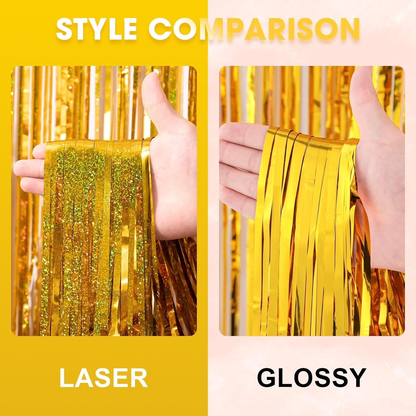 Voircoloria Laser Gold Foil Fringe Backdrop Curtains - 3 Pack Tinsel Streamers for Parties & Events | 3.3 x 8.2 ft