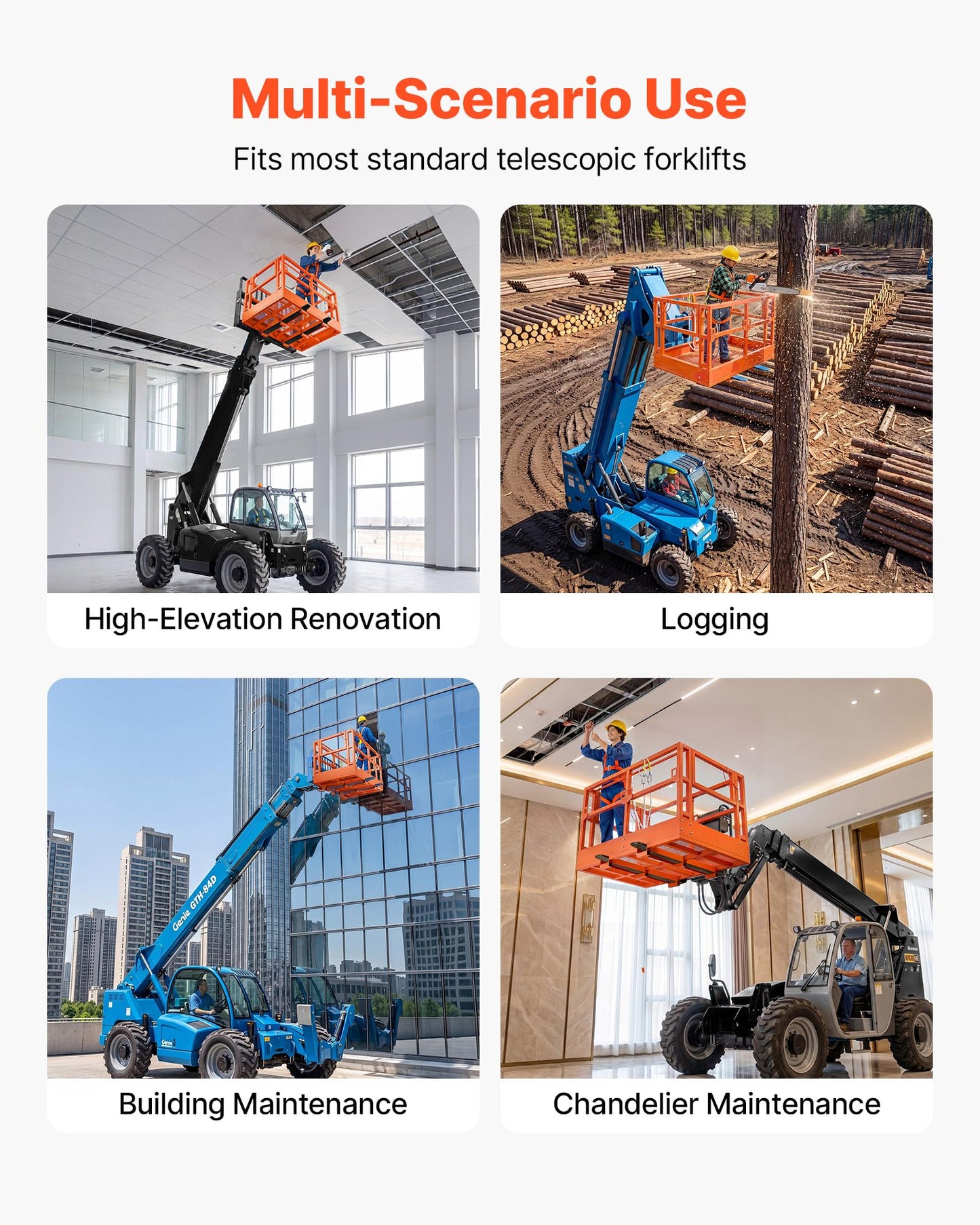 VEVOR Mesh Telehandler Work Platform, 48 x 73.9 Inch Man Safety Basket, 2000 lbs Capacity Forklift Telehandler Attachment, Safety Cage, Heavy Duty Carbon Steel, for Most Aerial Jobs Lifting Loader