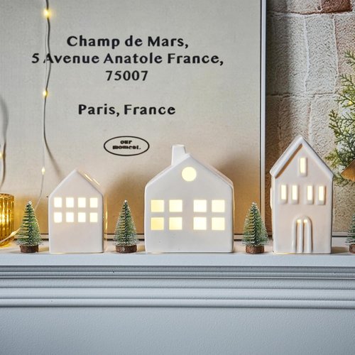 Ceramic Christmas Village Houses - 3-Piece Light-Up Set with Trees | Winter Holiday Home Decor