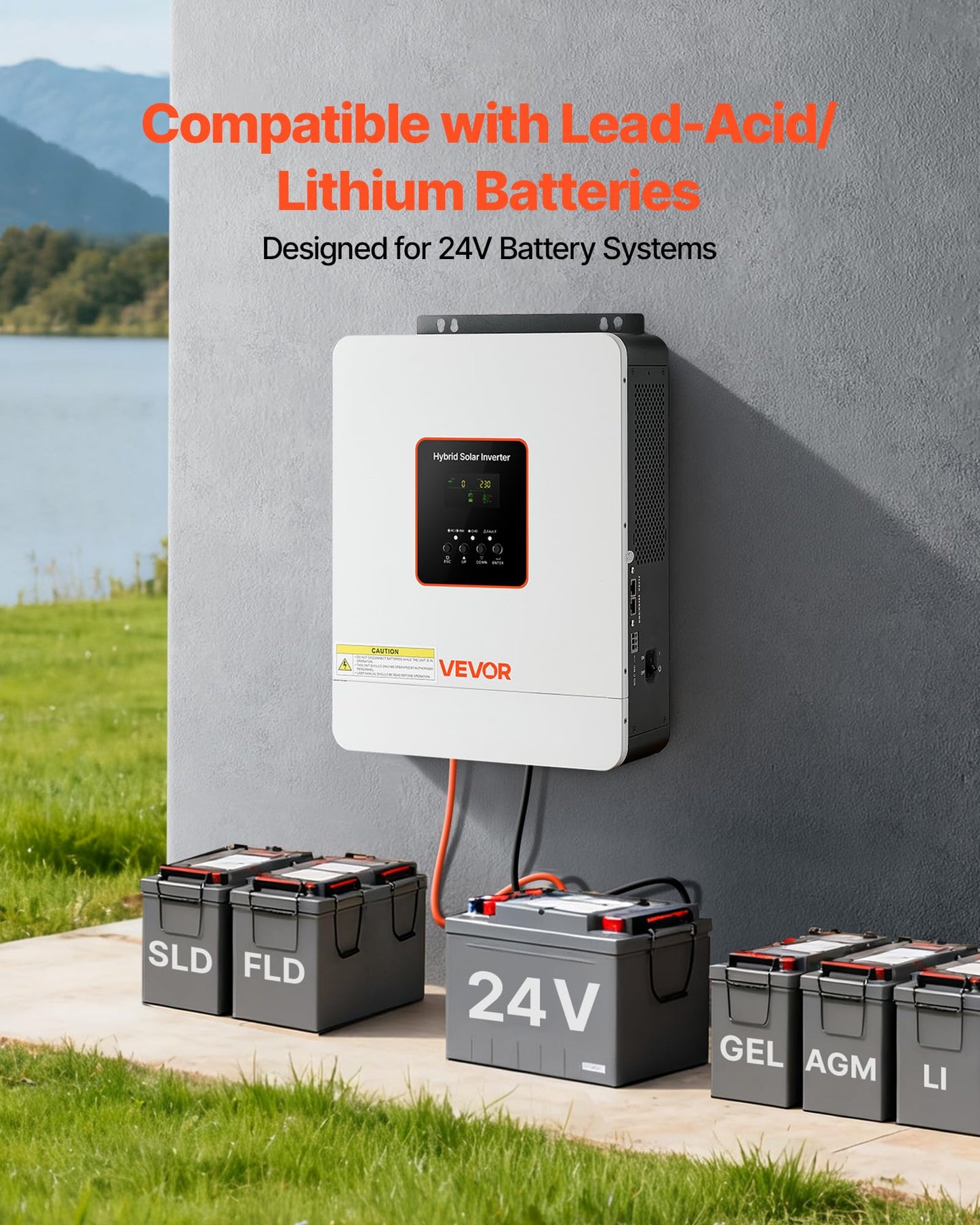 VEVOR 3000W Hybrid Solar Inverter, 24V DC to 230V AC, Pure Sine Wave Power Inverter, Built-in 80A MPPT Solar Charge Controller, Works with Lead Acid Lithium Battery, for Home Camper, Off-Grid, NO WiFi
