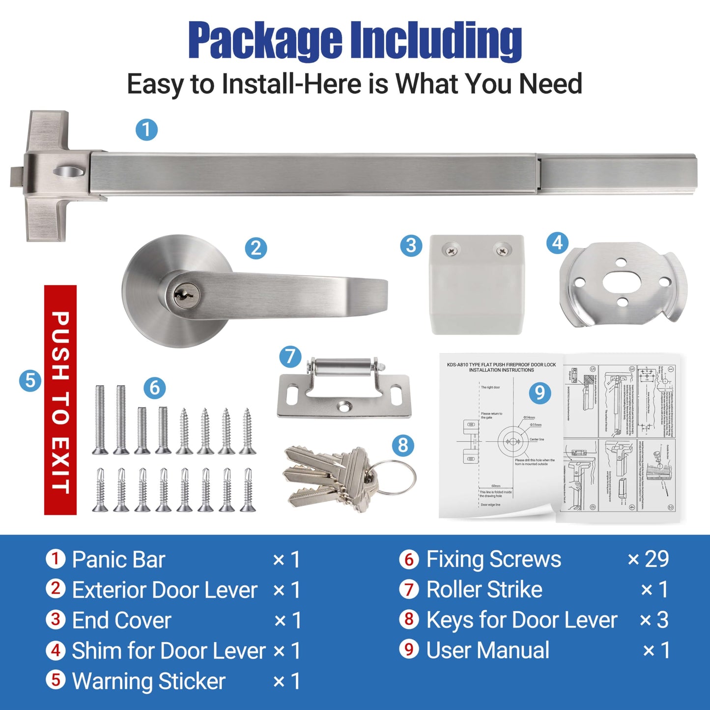 31" Commercial Push Bar Panic Exit Device (304 Stainless Steel) - Panic Bars for Exit Doors with Exterior Lever - Emergency Exit Panic Door Hardware for 31"-47" Wooden/Metal Doors