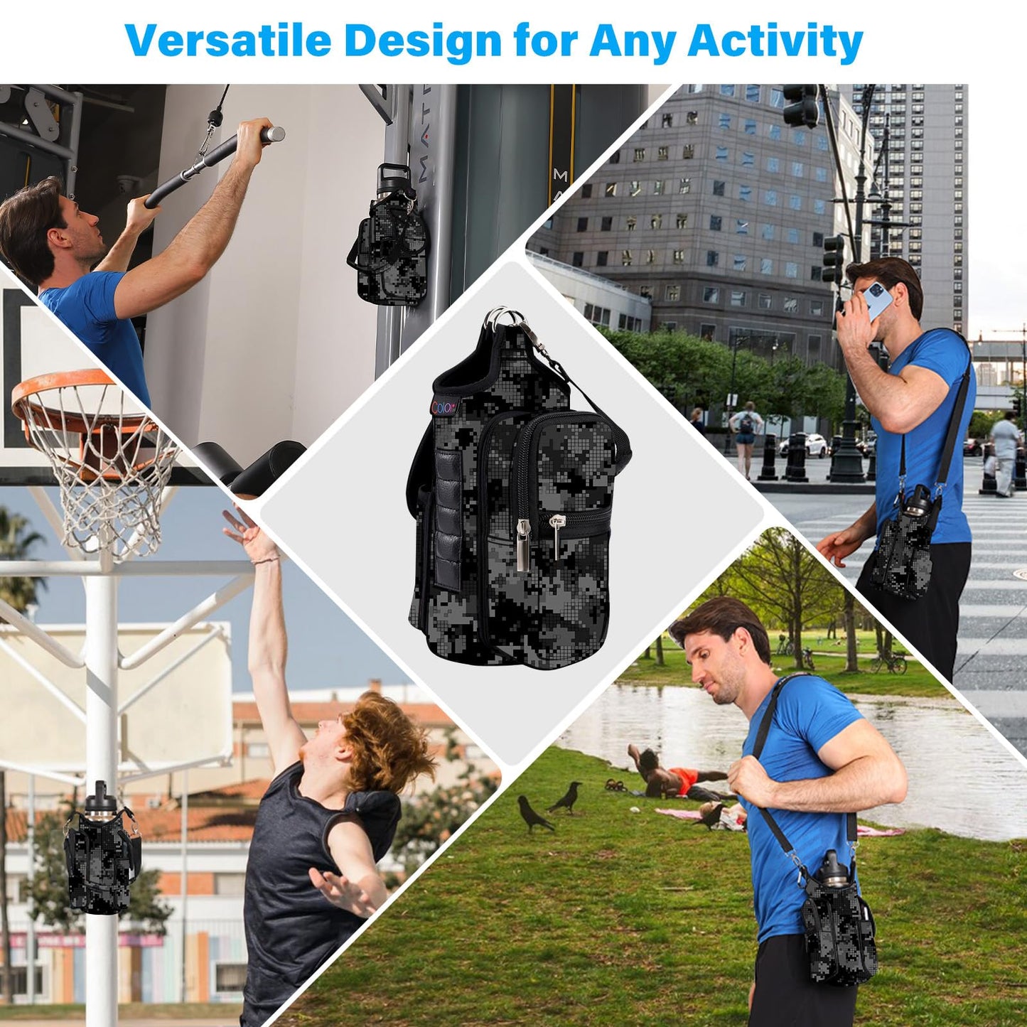 icolor Magnetic Gym Bag Water Bottle Holder with Phone Pockets,5 Built-in Magnets Gym Magnetic Bag Pouch Attach to Fitness Equipment,Diameter 3.9" Bottle Carrier Sling Bag
