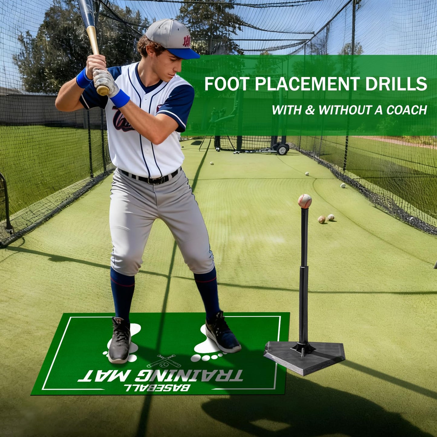 Baseball Training Mat, Baseball and Softball Batter Stance Hitting Mat, Improve Posture, Batting Mat with Toes Facing Place, Silent Anti-Skid, Baseball Training Equipment, 35.4 * 23.6 Inch (Green)