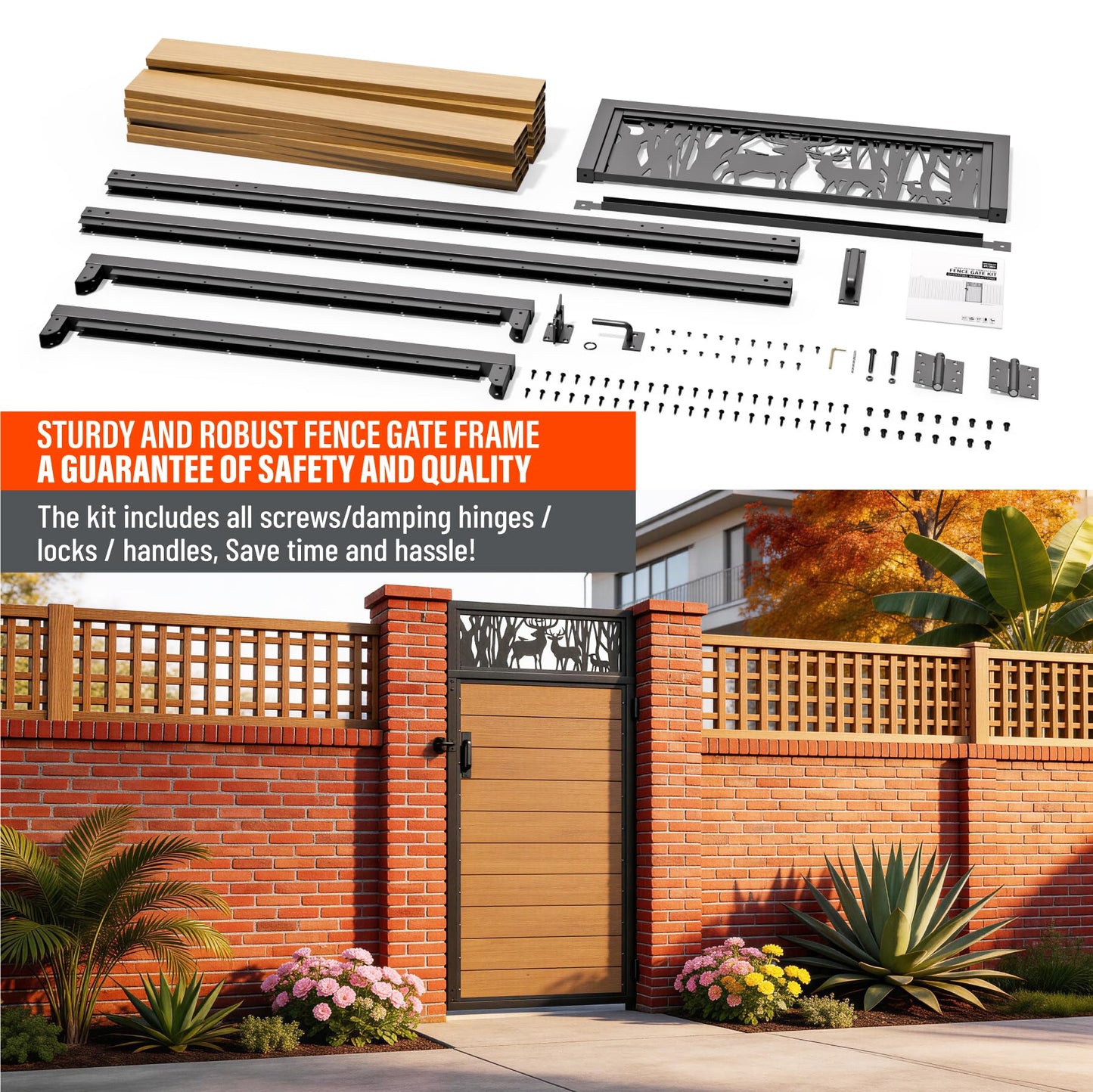 Uphode 3x6FT(34.8" x 70.8") 201 Stainless Steel Fence Gate Kit Heavy Duty, Anti Sag Metal Fence Gate Frame Kit with Board, Morden Garden Gate Hardware Kit Outdoor (Left/Right Free-Installation)