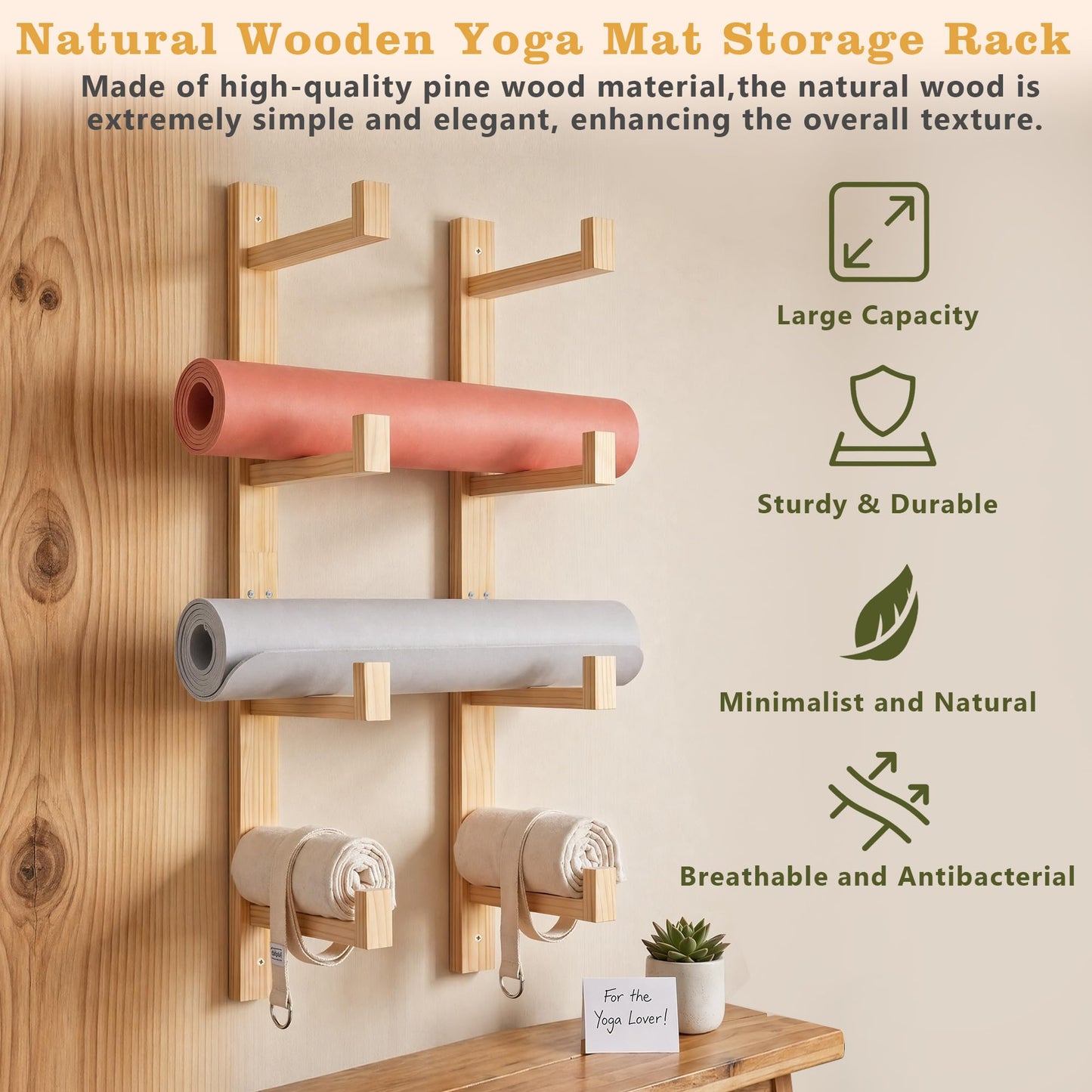4-Tier Wooden Yoga Mat Holder Wall Mount, Yoga Mat Rack for Home Gym Organization, Wall Storage Hanger for Foam Roller and Fitness Accessories