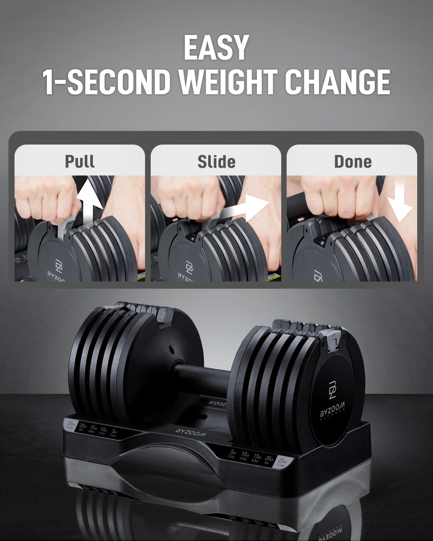 BYZOOM FITNESS Adjustable Dumbbell Set 25lb Single Unit(Buy 2 for a Pair) – 5-in-1 Compact Free Weights for Home Gym, Patented Easy-Adjust Design, Sleek Aesthetic for Strength Training & Workouts, Black