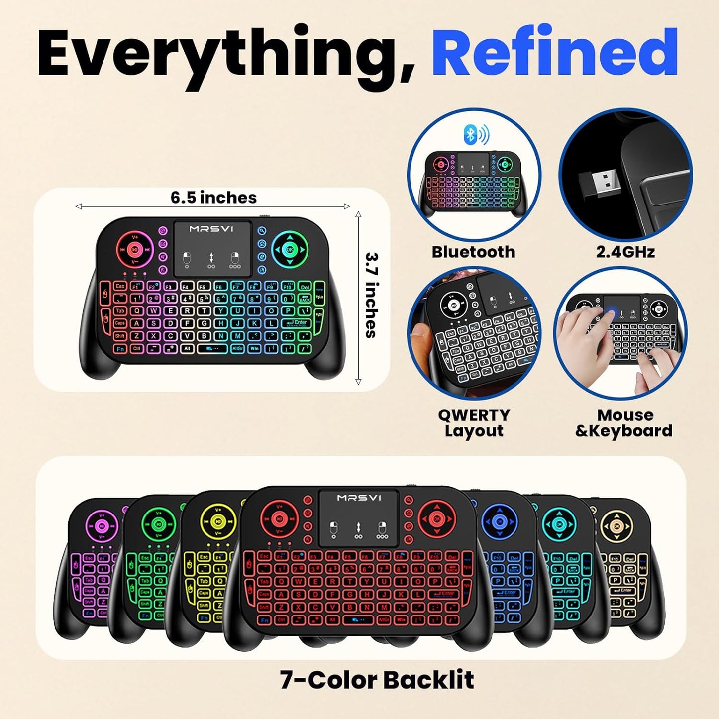 MRSVI Touchpad-2.4GHz Dual-Mode,7-Color PS3, Mini Keyboard with & Bluetooth Backlight, Multimedia Hotkeys