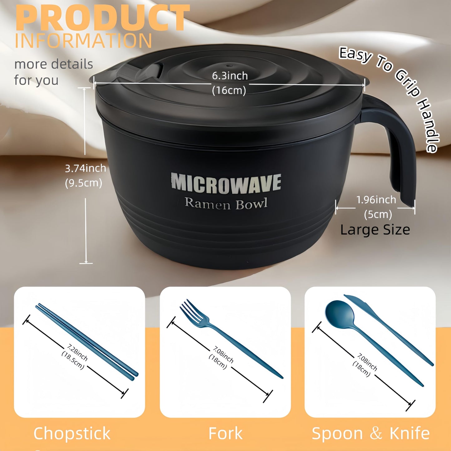 Layron 2 Sets Microwave Ramen Cooker Bowl 45 oz Instant Noodle Bowl with Handles Ramen Noodle Cooker with Spoon Chopsticks Fork Knife College Dorm Room Essentials for Boys Girls (Black, Black)