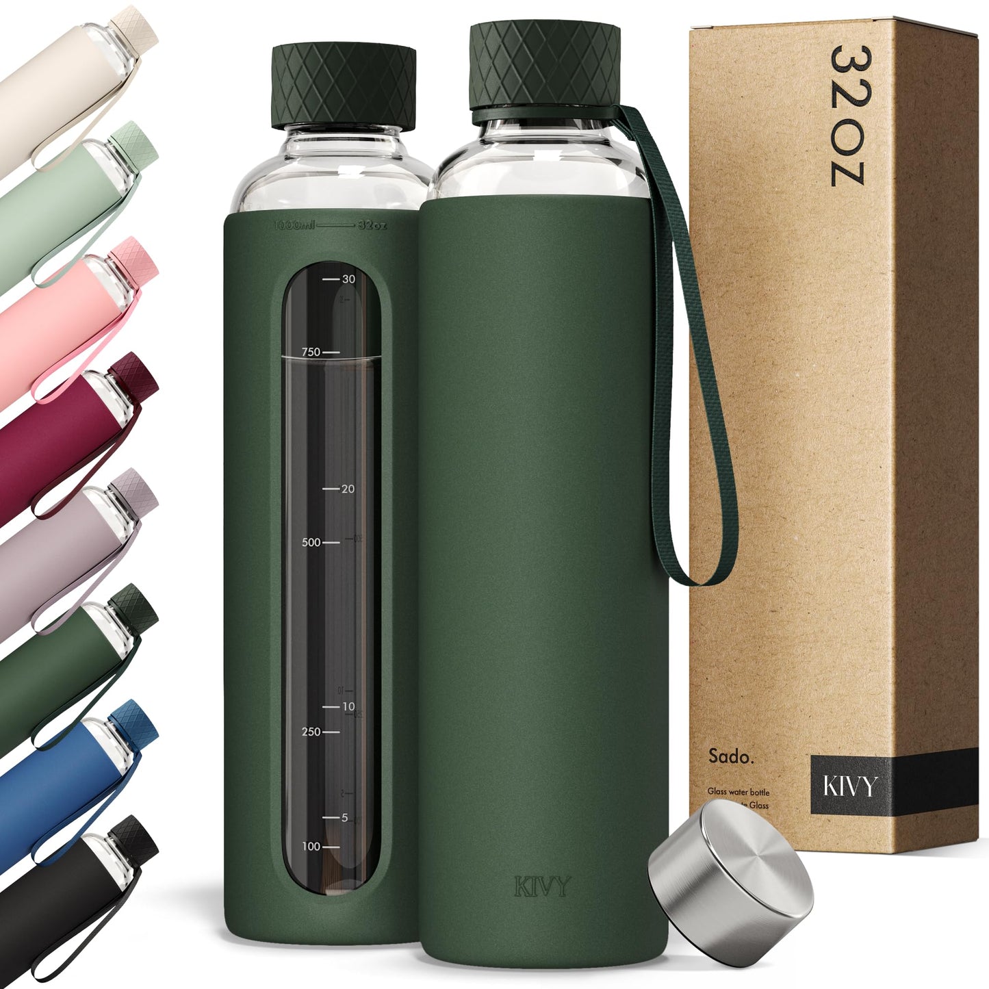 KIVY Glass Water Bottle with Silicone Sleeve 32 oz [WITH MEASUREMENT] - Borosilicate Glass Water Bottle Screw Top - Clear Bottles with Measurement Marking - Slim Waterbottle Aesthetic - Dark Green