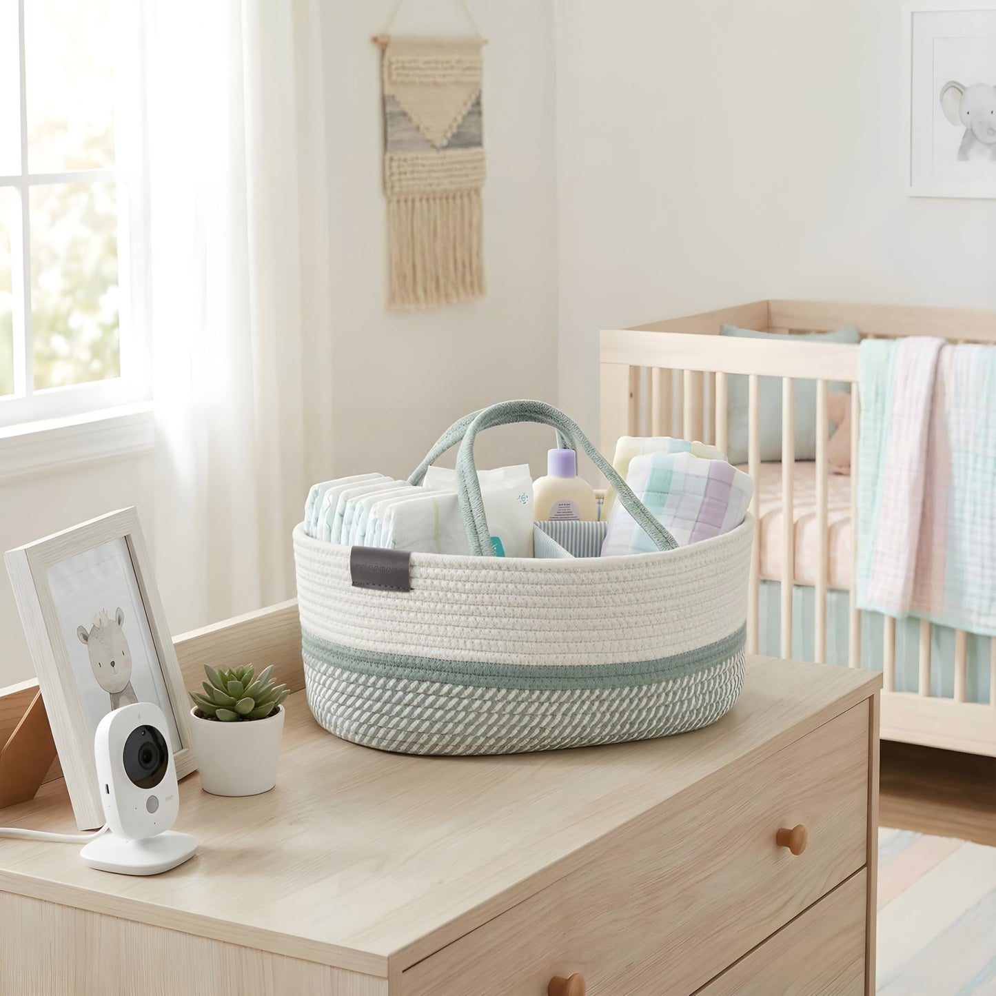 DECOMOMO XL Baby Caddy Organizer, Diaper Caddy Basket, Baskets for Baby Shower Gifts (Sage Green & White, Extra Large)