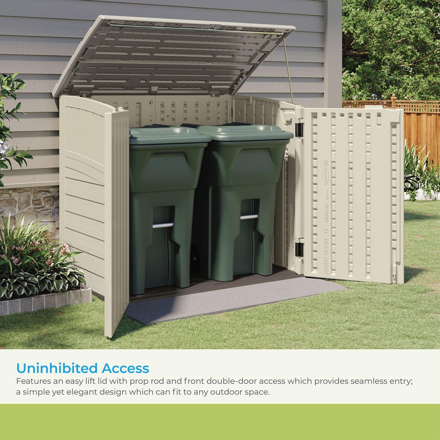Suncast 34 Cu Ft Horizontal Resin Storage Shed - Outdoor Storage Shed with Floor Included, Lockable, Weatherproof, Fits Small to Medium Trash Cans, Generators, & Garden Tools, Vanilla Stoney
