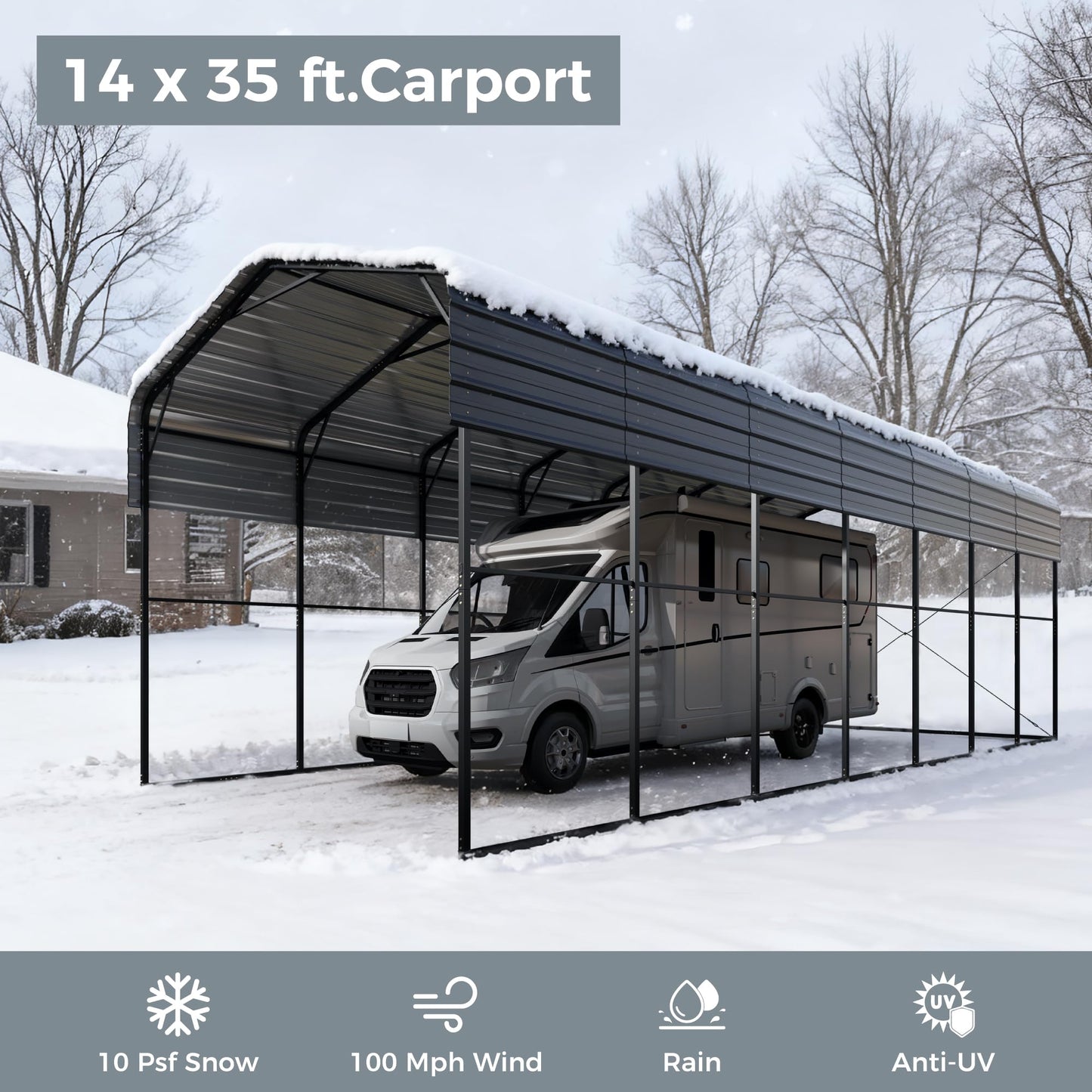 GREEN PARTY 14 x 35 x 13 ft Metal RV Carport Kits with Galvanized Steel Roof, Heavy Duty 2 Car Outdoor Car-Shed Canopy, Car Tent Metal Garage Shelter for RV, SUV, Truck, Tractors and Boats, Gray
