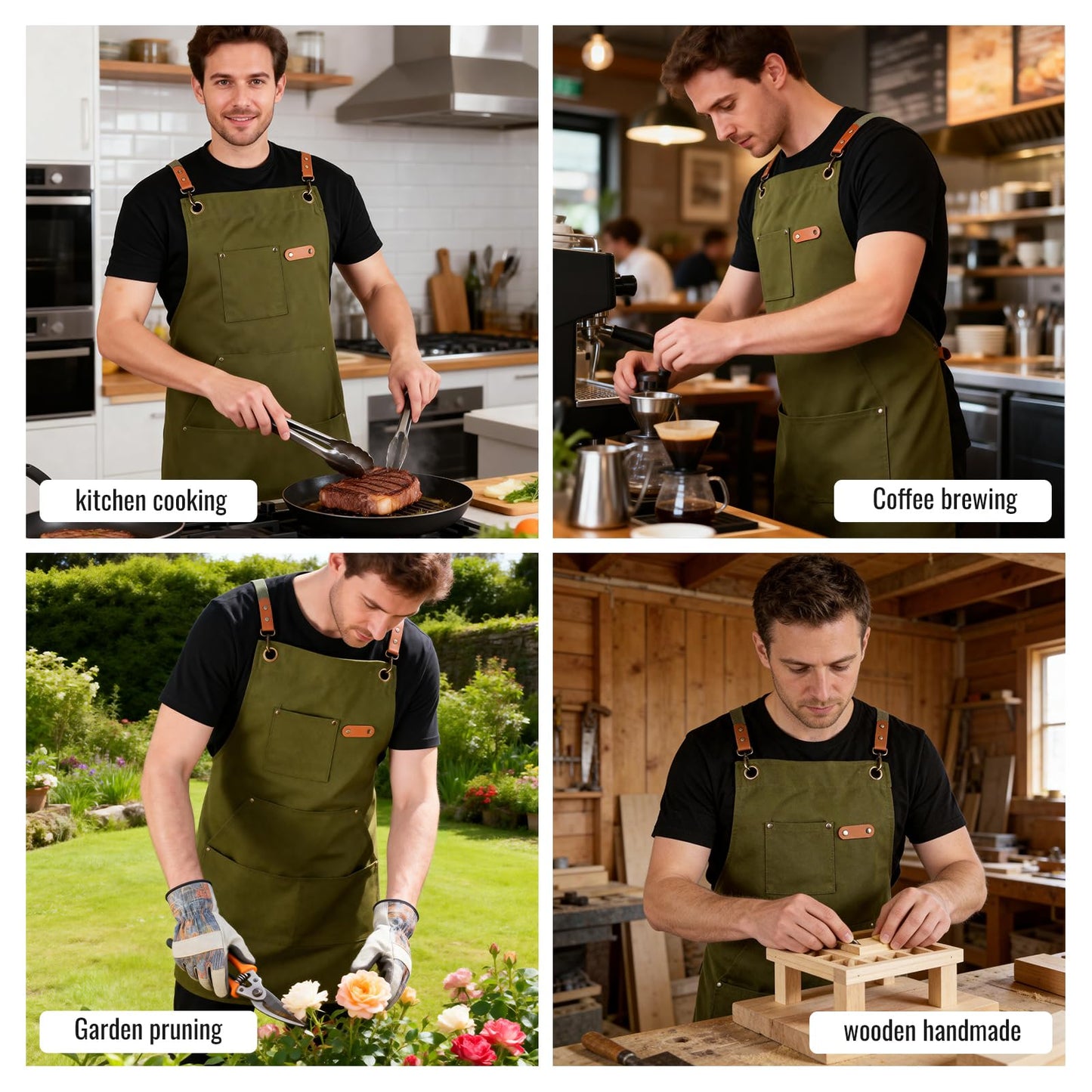 HYVOROS Chef Apron for Men Women with Straps,Canvas apron with pockets, Adjustable, Durable, and Stylish Aprons for BBQ Kitchen (Olive Green)