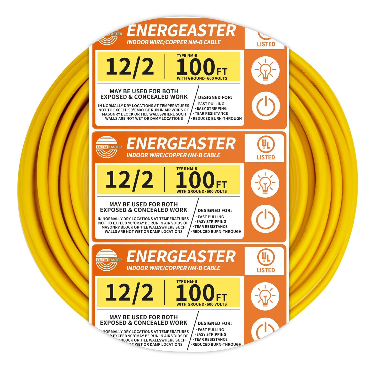 Energeaster Solid Indoor 12/2 W/G NMB Cable 100ft Coil，Electrical Wire 12 Gauge Wire 2 Conductors Non-Metallic with Ground Wire(Yellow)