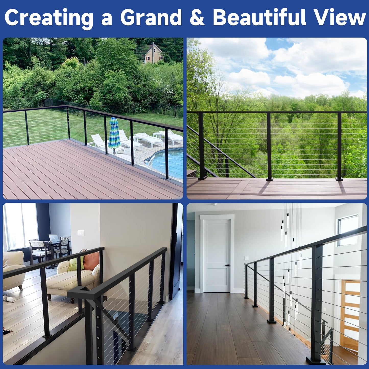 Gyykzz 16-20FT Black Modular Cable Railing Post Kits 42 Inch 5 Level Post Kit, Cable Railing System for Deck Including 5 Railing Posts, 250FT Sufficient Length Cable, 24 Swage Terminal (No Handrail)