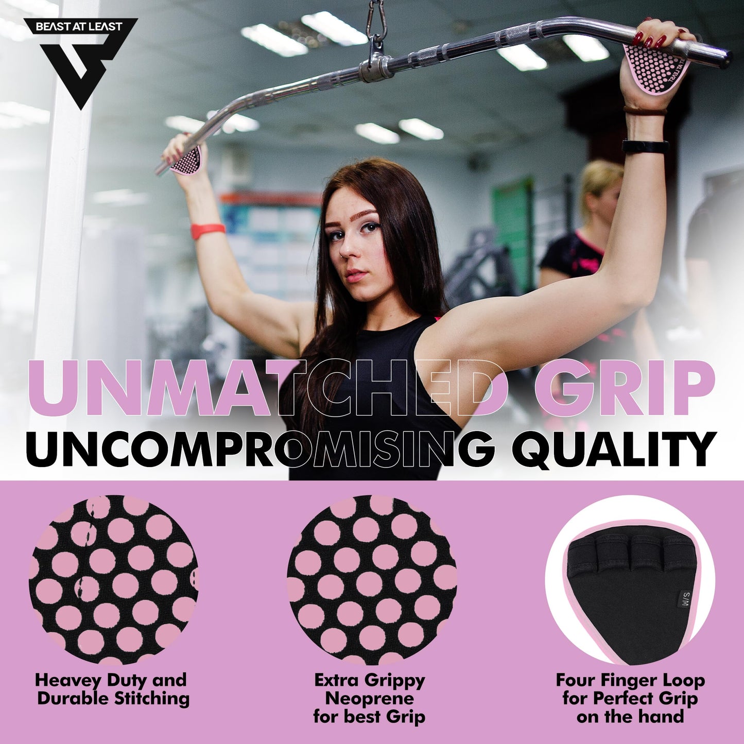 Beast AT Least Grip Pads for Weightlifting & Fitness – Non-Slip, Breathable Palm Protectors for Men & Women – Ideal for Gym Workouts, Cross Training, Pull-Ups & Deadlifts (Pink, L/XL)