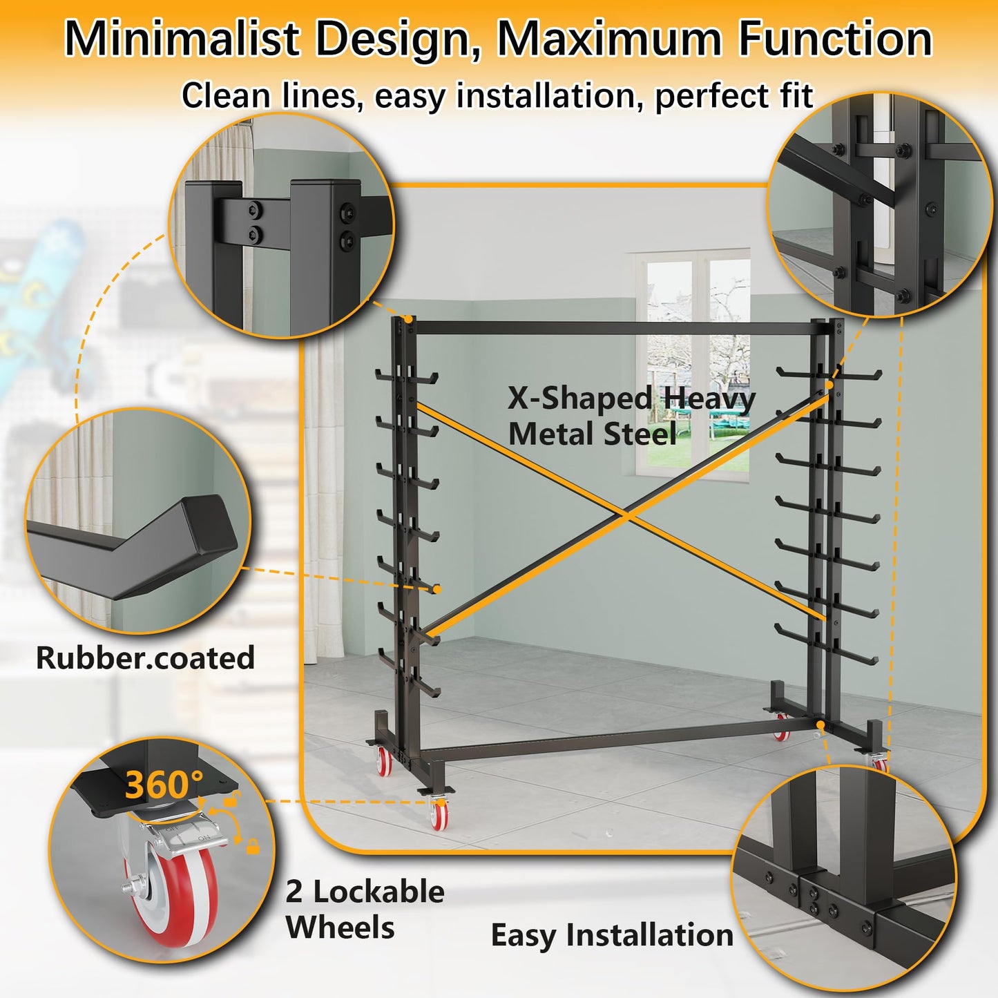 Soywey 7-Tier Steel Horizontal Storage Rack,Detachable Lumber Storage Rack,Load 2000 Lbs Heavy Adjustable Pipe Rack Lumber Organizer Shelf for Garage Workshop Shed Basement Black(With Wheel)