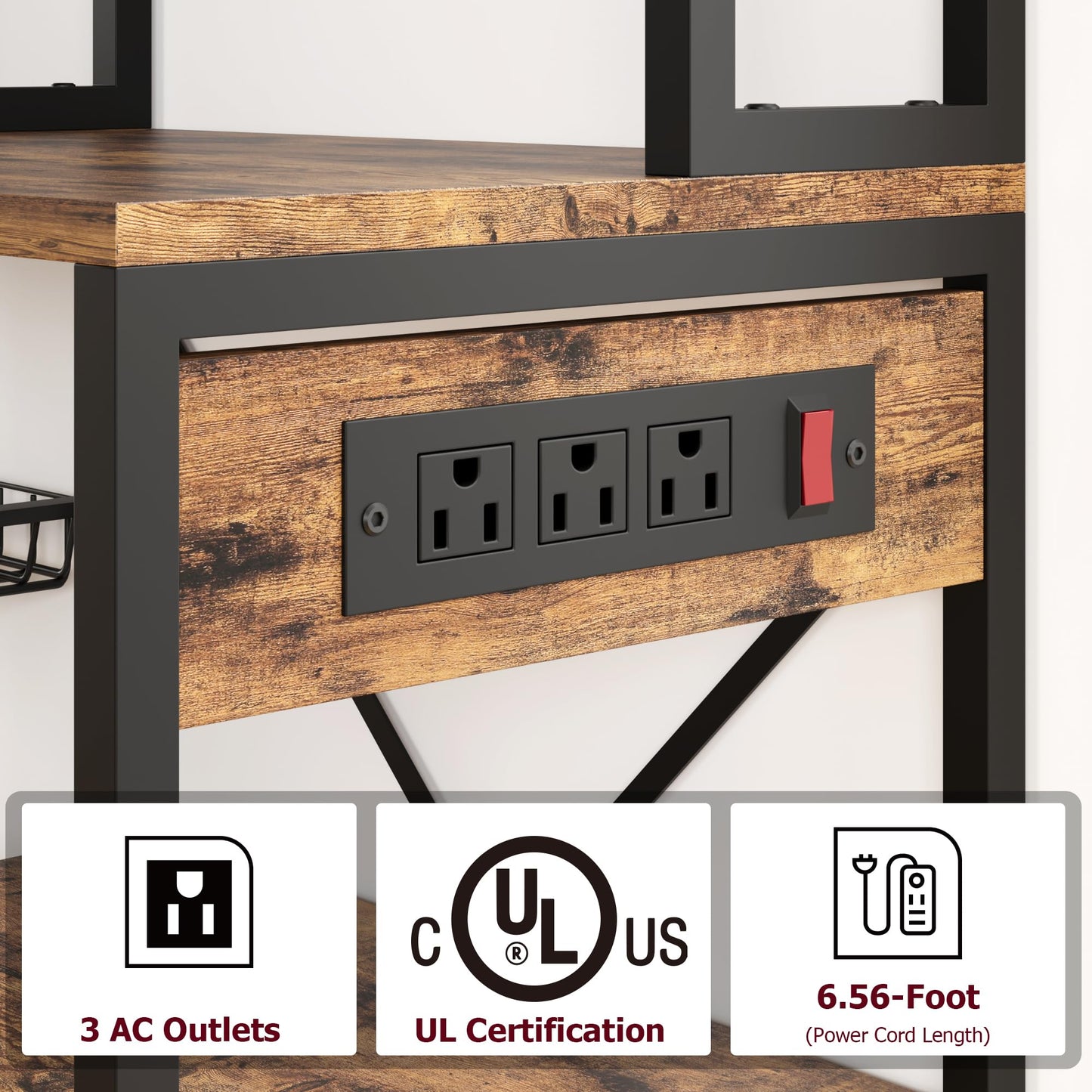 IDEALHOUSE Bakers Rack with Power Outlet, Microwave Stand with 2 Wire Drawer, Industrial Coffee Bar Station, 7-Tier Kitchen Bakers Rack with Large Storage for Spice, Pots Organizer, Rustic Brown