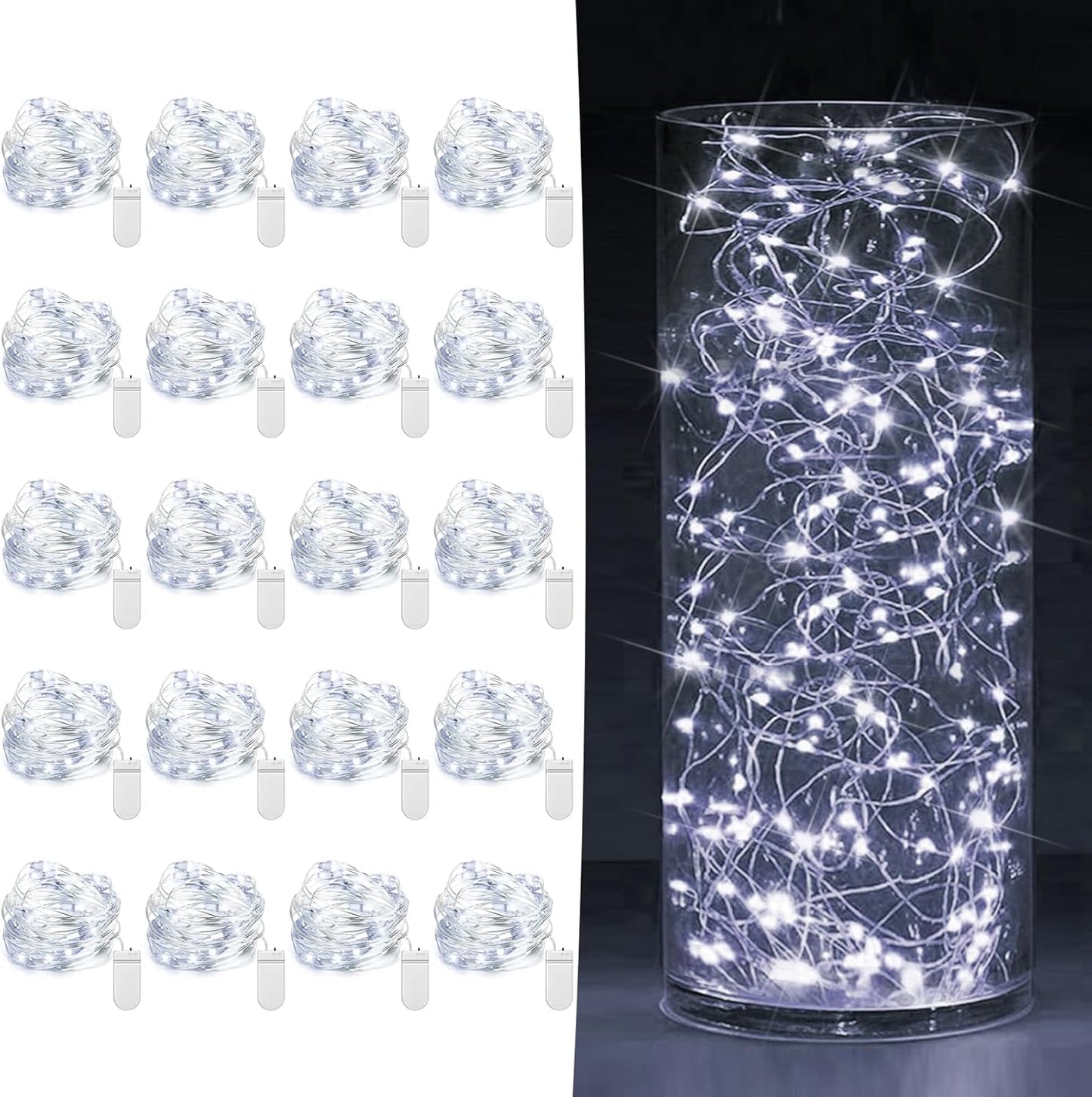 Skiennix 20 Pack Battery Operated Fairy Lights - 7ft Mini Twinkle String Lights | Silver Wire for Weddings & Parties