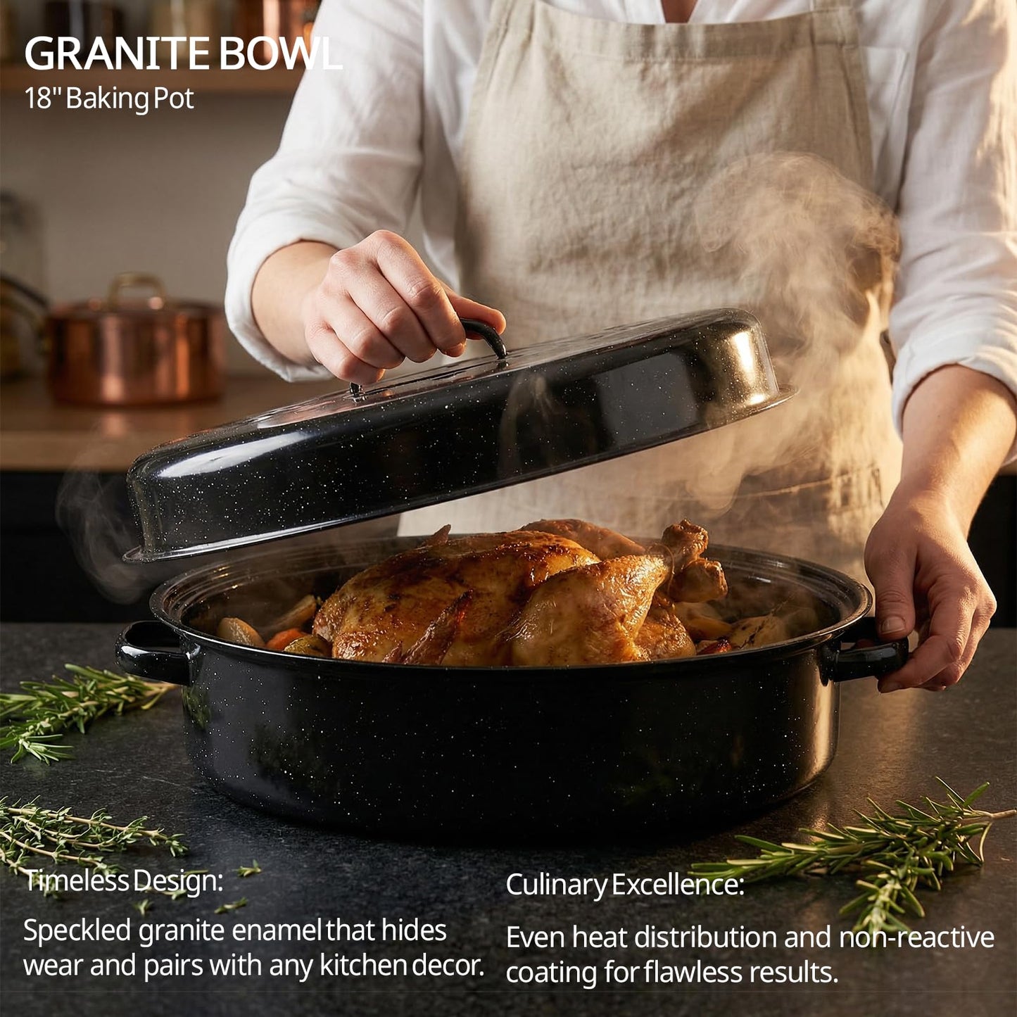 Turkey Roaster Pan 18in Roasting Pan With Lid Enamel Carbon Steel Roaster Pot with 16in Inner Diameter,18 Pound Large Capacity High Temperature Resistance Oval Cookware