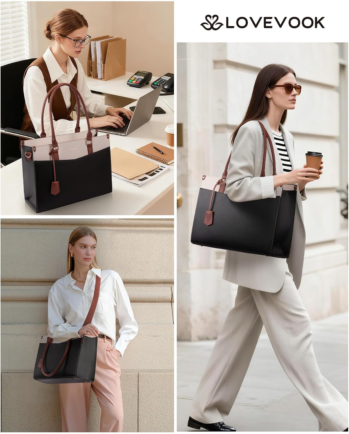 2-in-1 LOVEVOOK Laptop Bag for Women, Tote Purse with Clutch & Cup Holder, Waterproof Briefcase for Work Travel