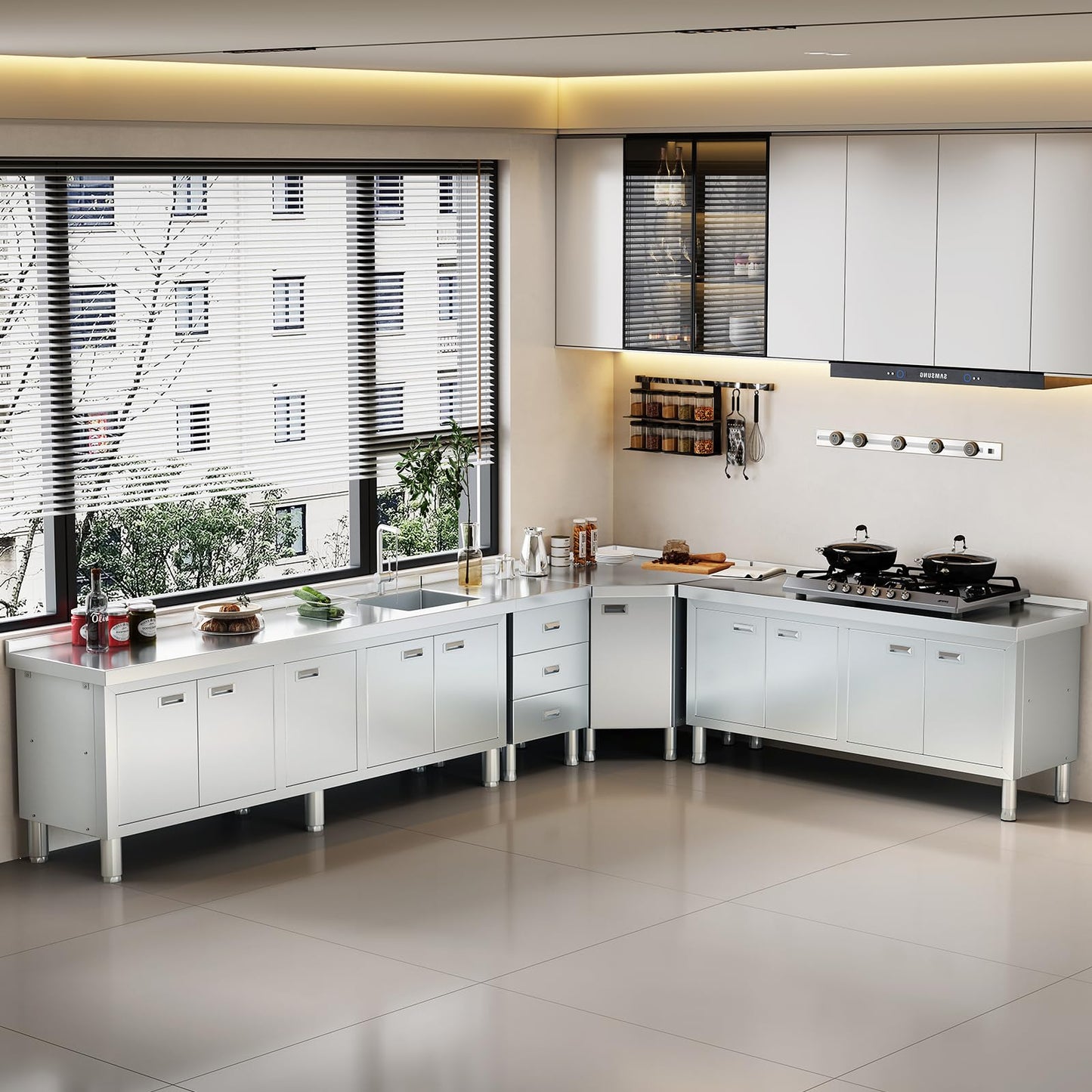 ZZV Stainless Steel Kitchen Cabinet Outdoor Kitchen Drawers with Handles Triple Access BBQ Drawers for Outdoor Garage Warehouse Restaurant, No Assembly Required, 21.66 x 19.68 x 35.43 in