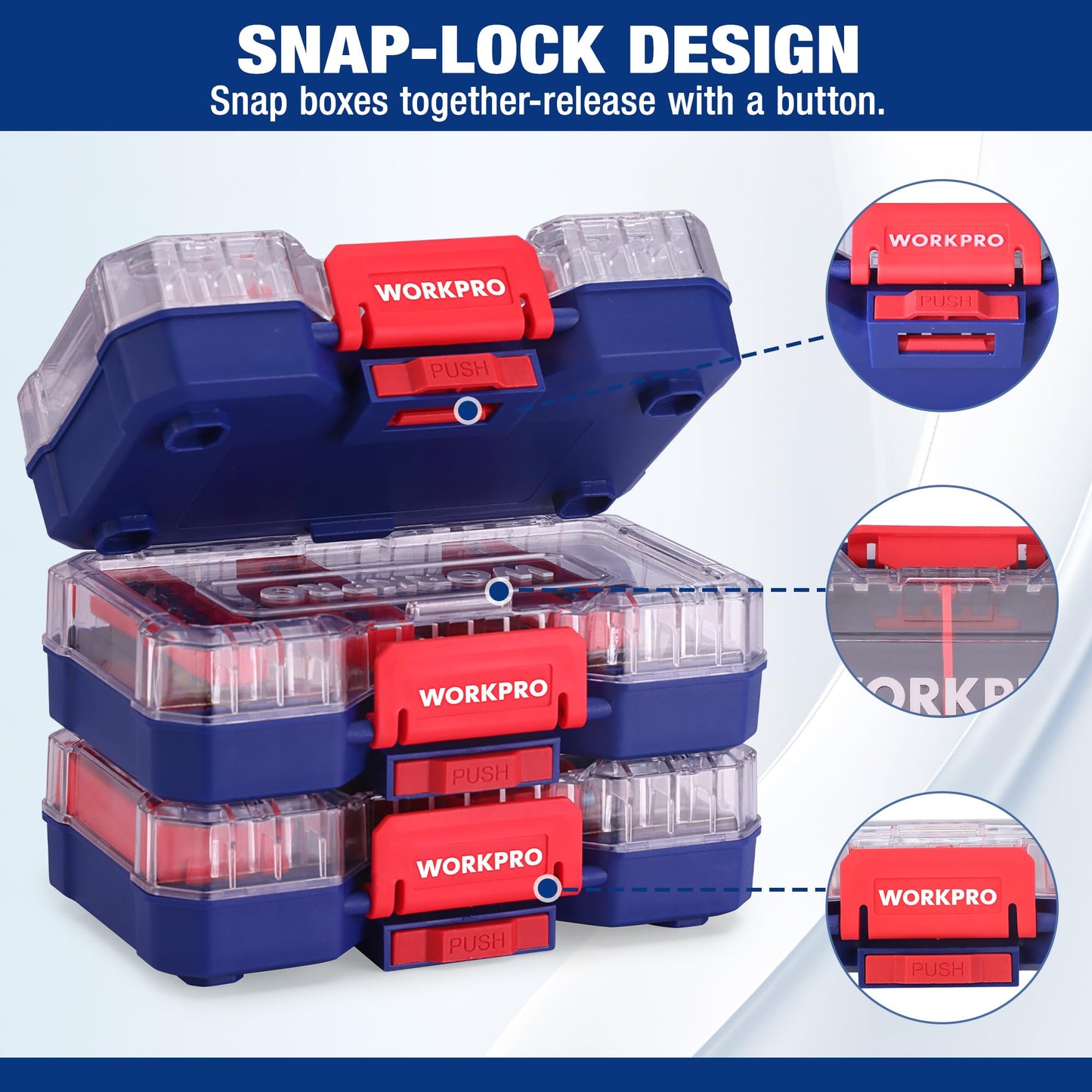 WORKPRO Small Parts Organizer 3 Pieces, Portable Stackable Hardware Storage Case with Removable Dividers, Clear Lid Tool Box Organizer for Screws, Bolts, Nails, Craft Supplies and Small Accessories
