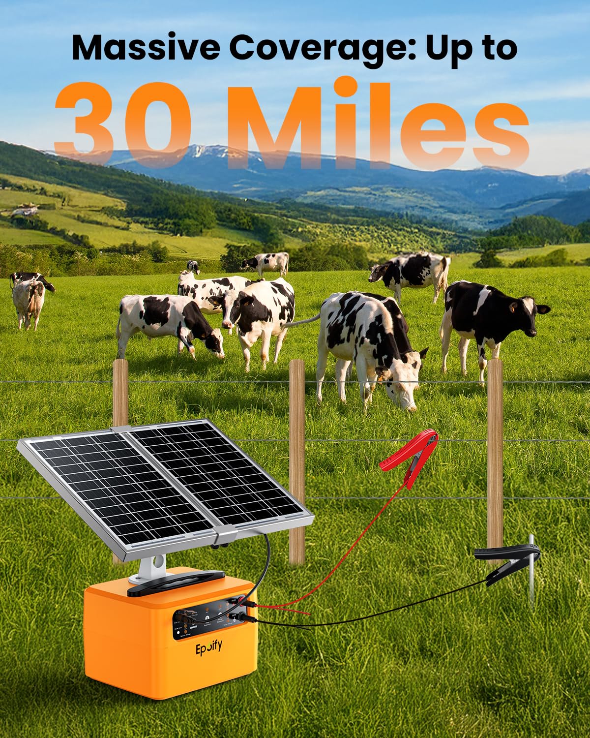 Solar Electric Fence Charger 30 Mile, 0.3-1.5 Joule Adjustable Fence Energizer with 12000mAh Battery&Voltage Display, Solar+AC Powered Electric Fence Charger for Livestock, Deer and Raccoon Control