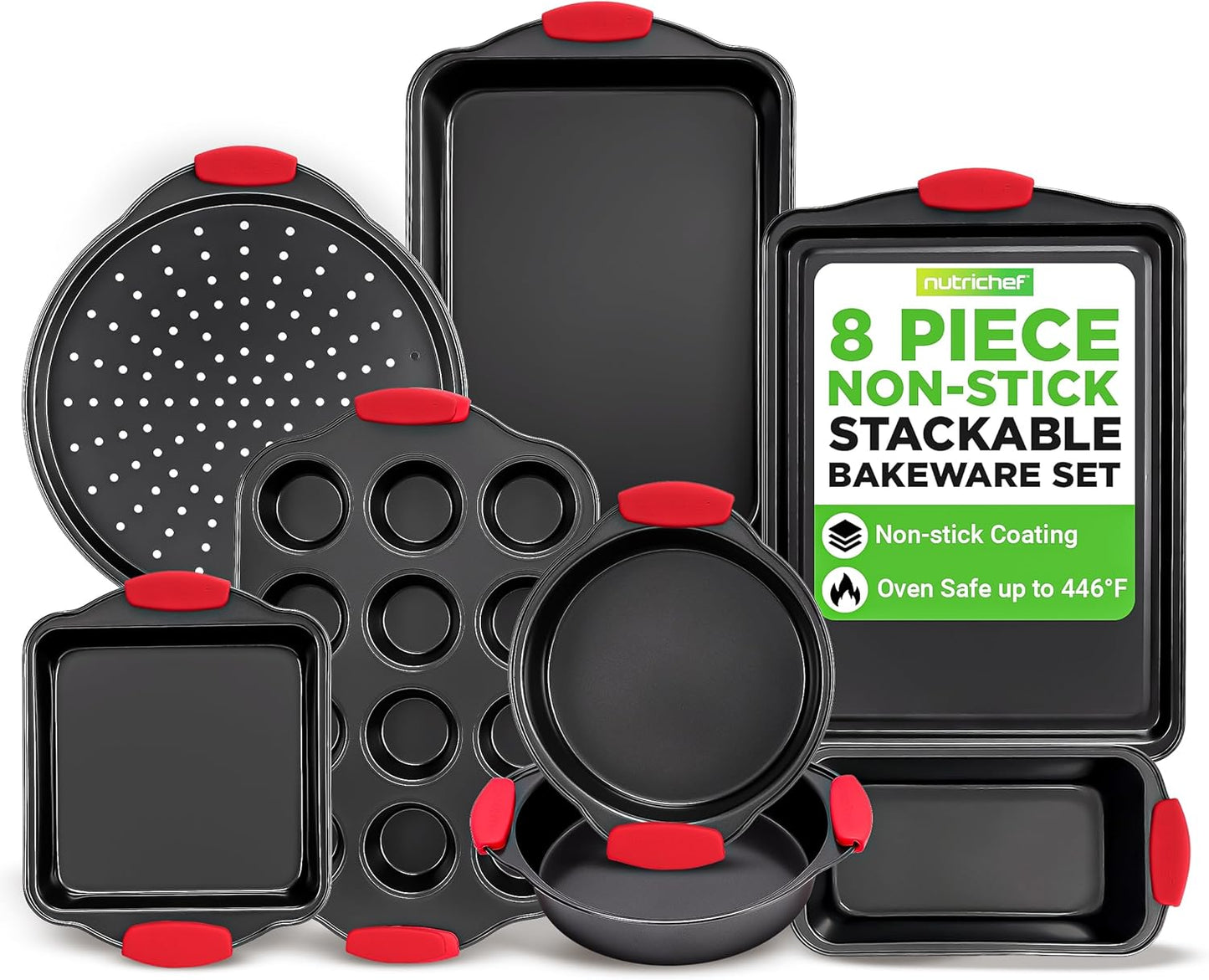 NutriChef Non-Stick Baking Pans Set - Deluxe Commercial Grade Bakeware with Red Silicone Handles | 8 Piece Gray Coating