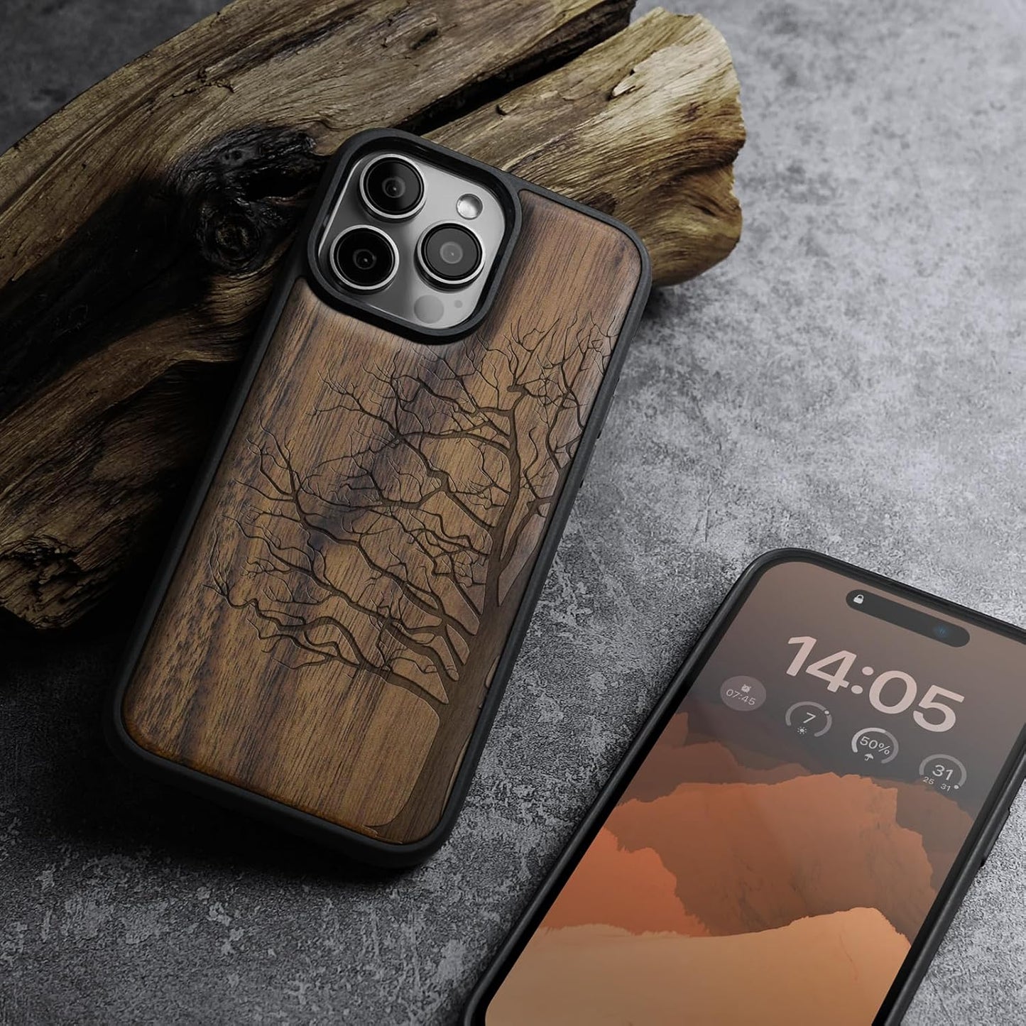 Carveit 16 Magnetic Wooden Case for iPhone Pro Case, Wood Artisan Engraved & Black Soft TPU Shockproof Cover