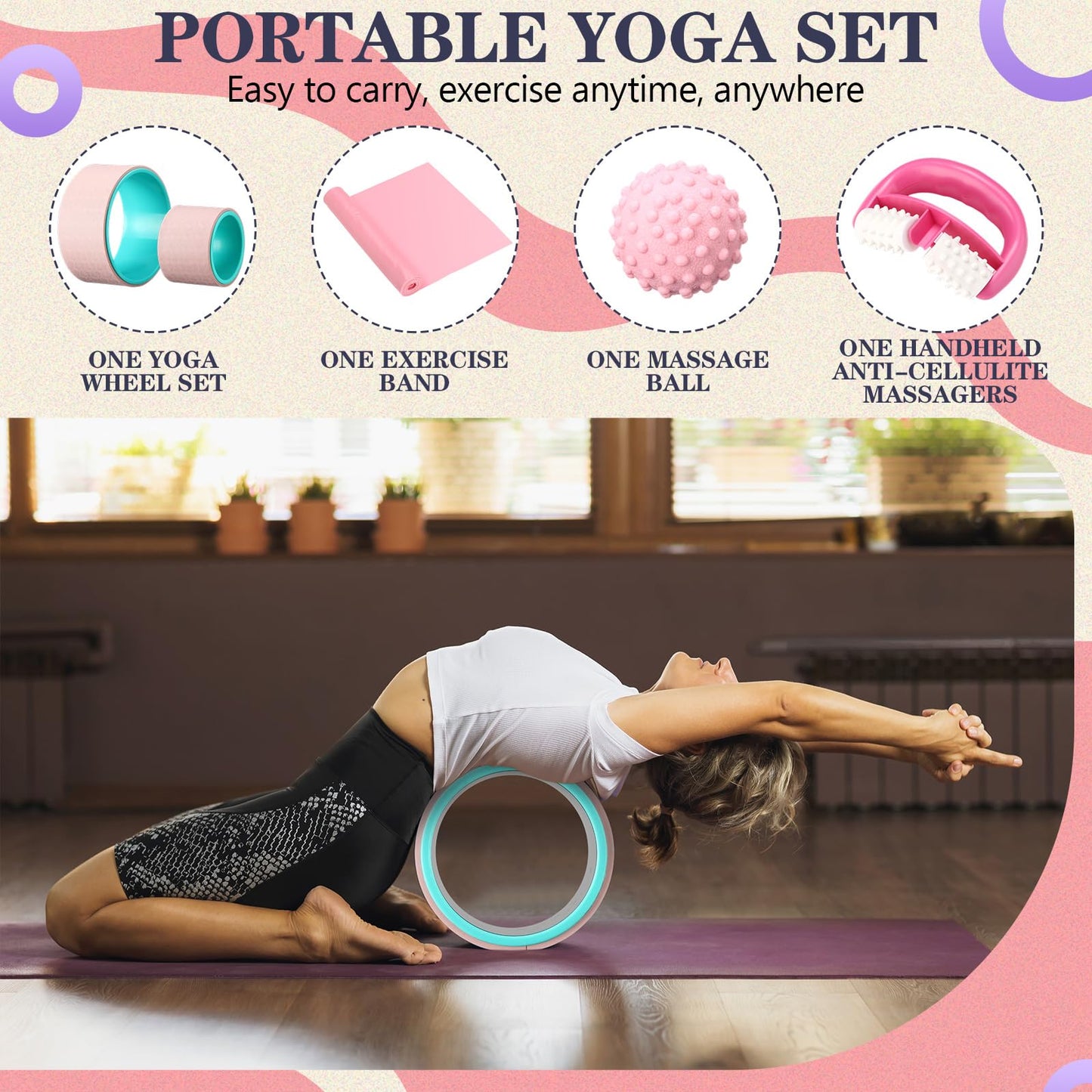 Arrowbash 5 Pack Yoga Wheel Set Back Stretcher Wheel for Deep Tissue Massage Foam Roller for Back Pain Relief & Stretching, Trigger Point Therapy Ball, Resistance Loop Exercise Bands, Massage Roller