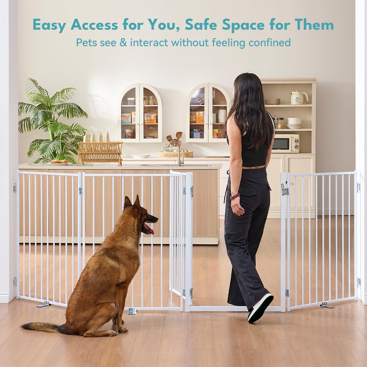 No Pawblems Free Standing Dog Gate with Door, 36'' Tall Foldable Dog Fence for Indoor & Outdoor, Up to 104 Inch Extra Wide Puppy Gate for Stairs, Hallways, Doorways, Deck, Yard (White, 4 Panels)