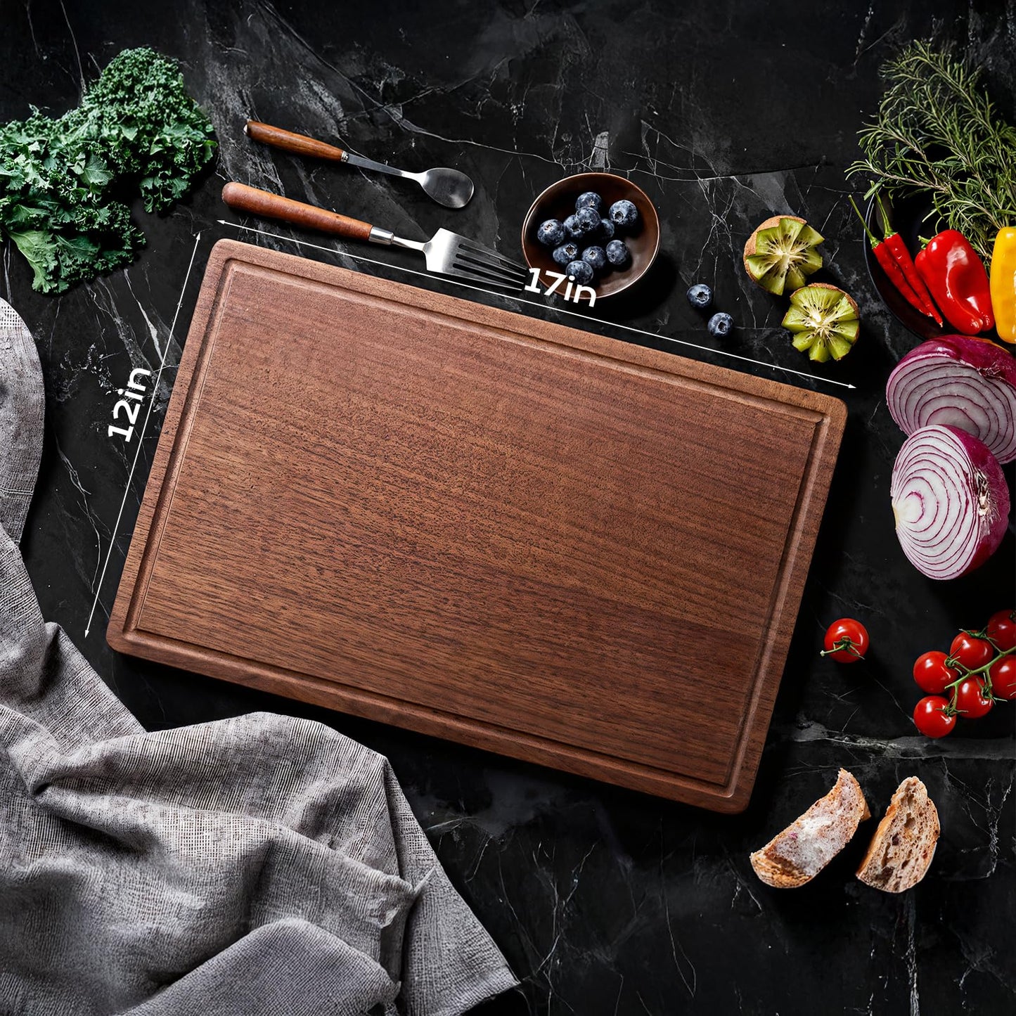 KOBACH Black Walnut Wood Cutting Board – 11"x17" Durable, Non-Toxic Double-Sided Wooden Chopping Board for Kitchen, Butcher Block with Juice Grooves